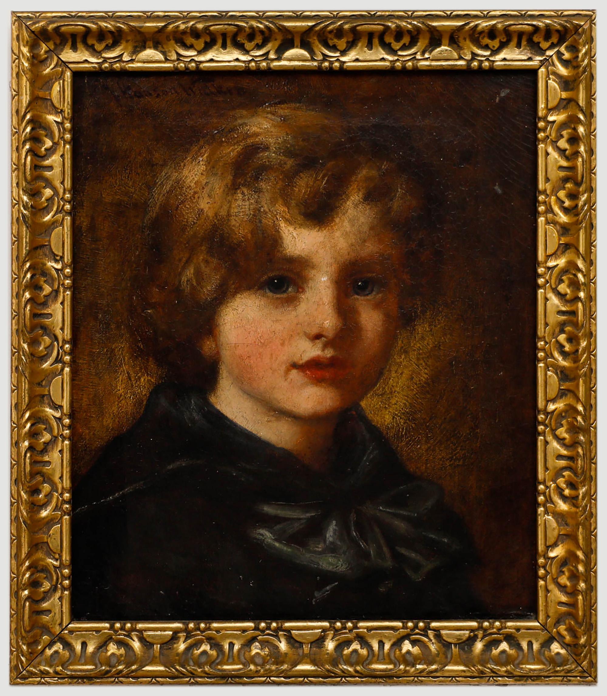 Un charmant portrait du fils de l'artiste, Johnnie. Signé dans le coin supérieur gauche. Inscrit au verso avec le nom de l'artiste et le titre. Présenté dans un cadre doré. Sur toile. 