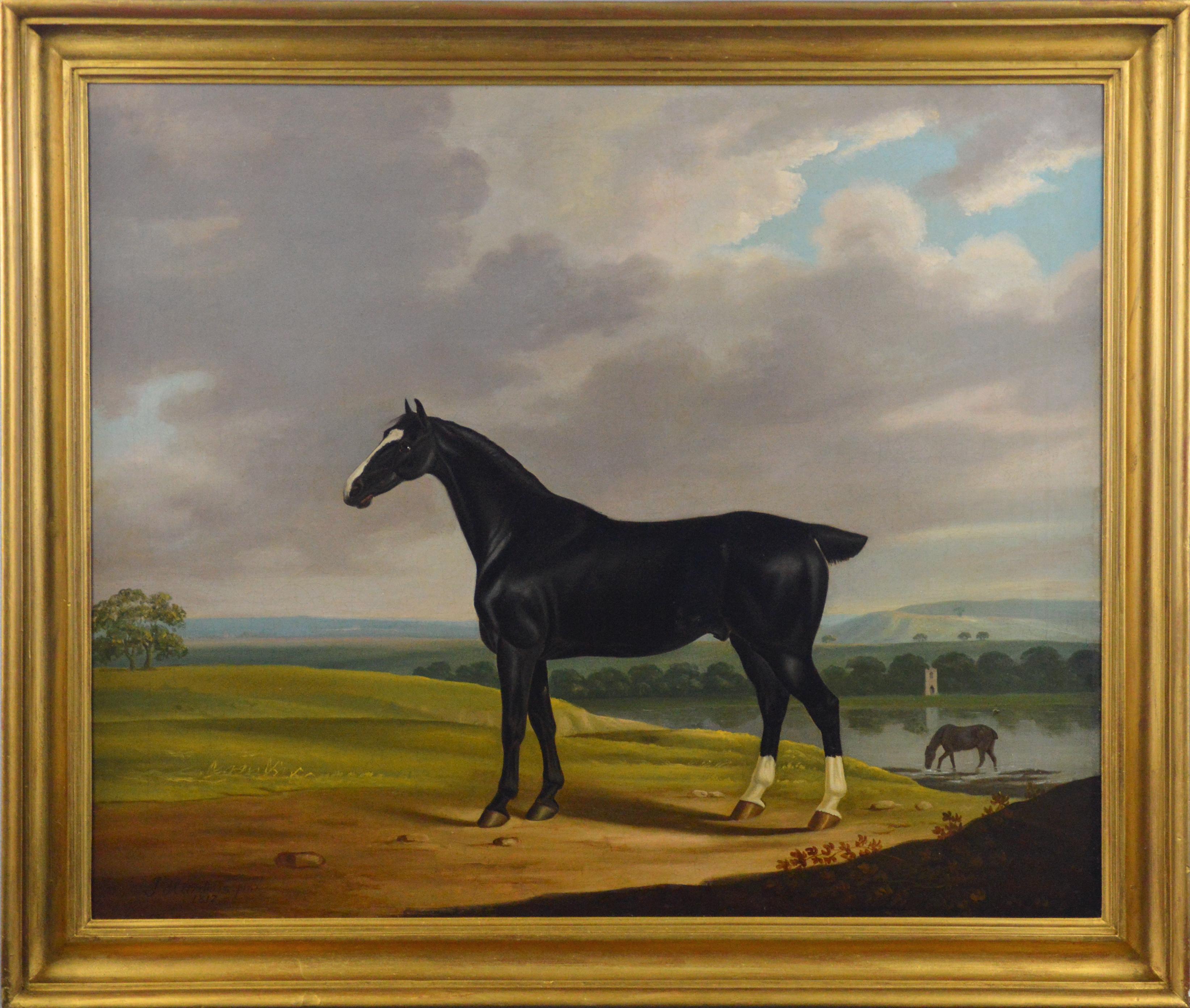John Hardman Landscape Painting - Early 19th Century sporting oil painting of a black horse