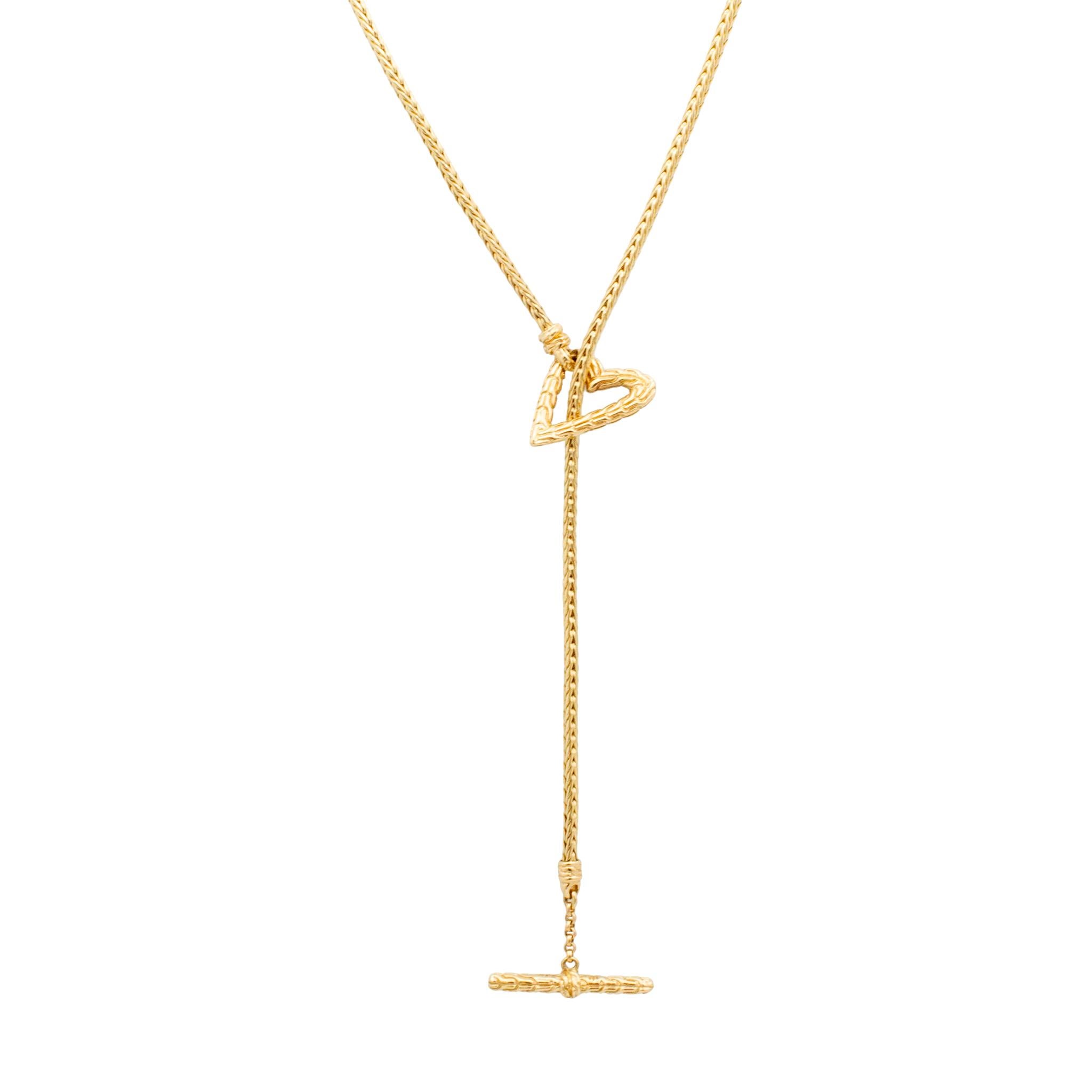 Brand: John Hardy

Metal Type: 14K Yellow Gold

Gender: Ladies

Length: 15.00 inches

Weight: 9.16 grams

Ladies 14K Yellow Gold single strand choker lariat necklace. The metal was tested and determined to be 14K yellow gold. Engraved with 