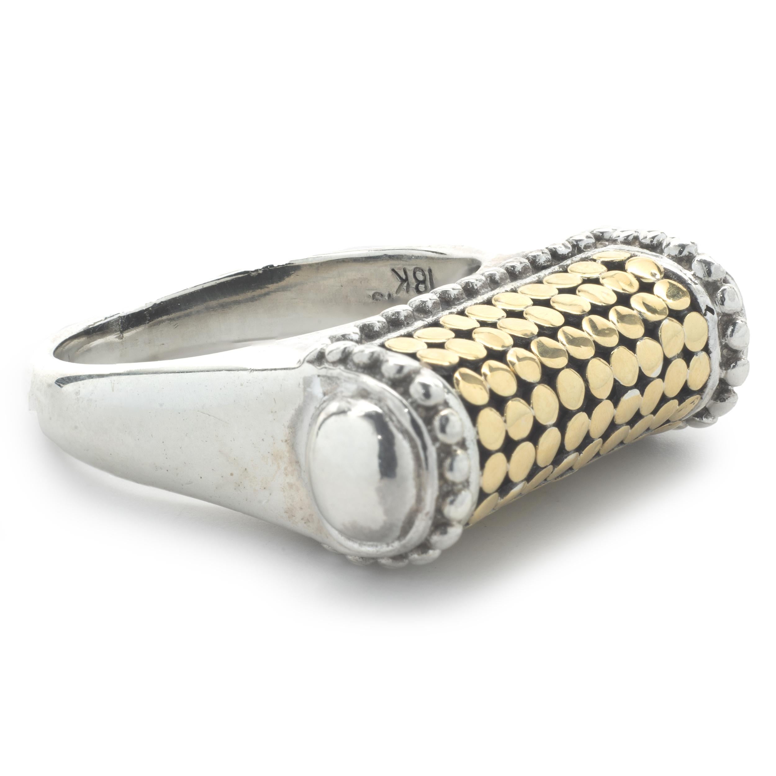 Designer: John Hardy
Material: 18K yellow gold / Sterling Silver
Dimensions: ring measures 8.4mm wide
Weight: 9.32 grams
