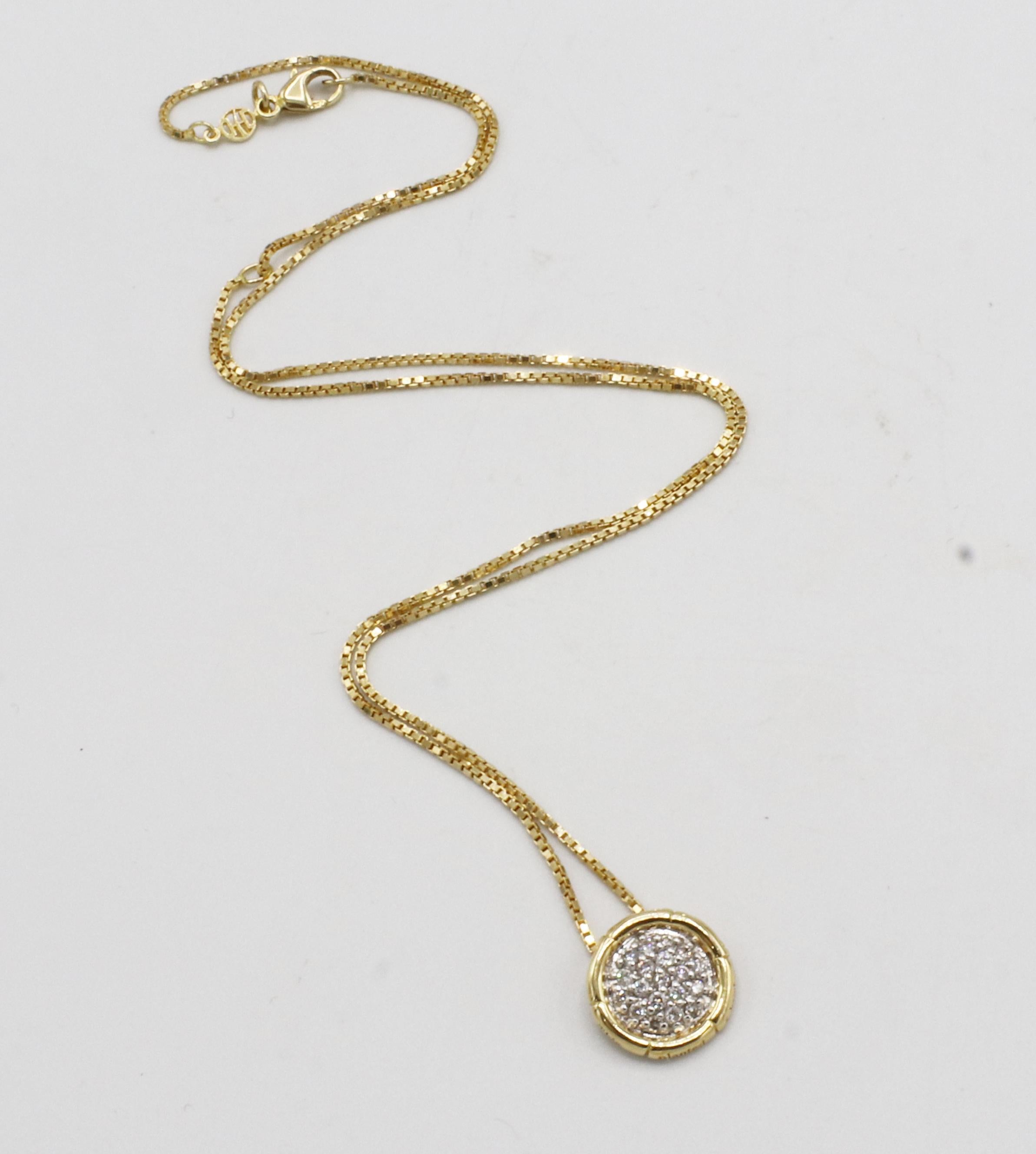 Modern John Hardy 18 Karat Yellow Gold Bamboo Pavé Diamond Circle Pendant Necklace