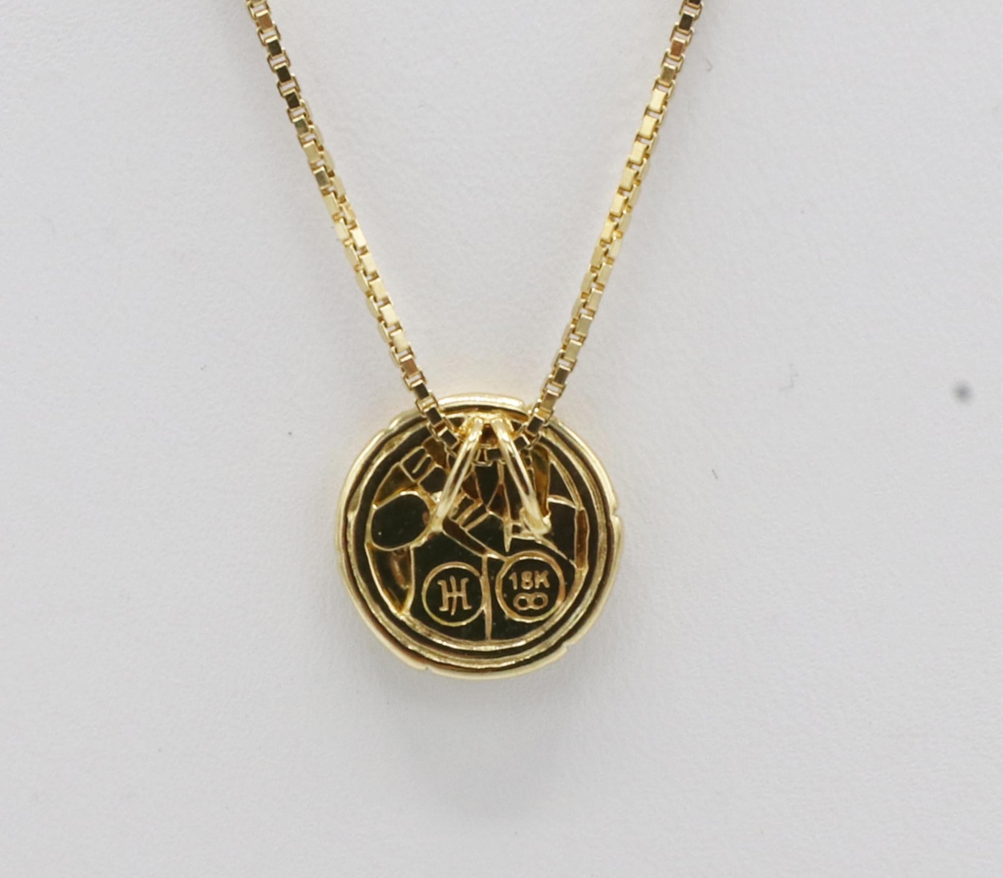 John Hardy 18 Karat Yellow Gold Bamboo Pavé Diamond Circle Pendant Necklace In Excellent Condition In  Baltimore, MD