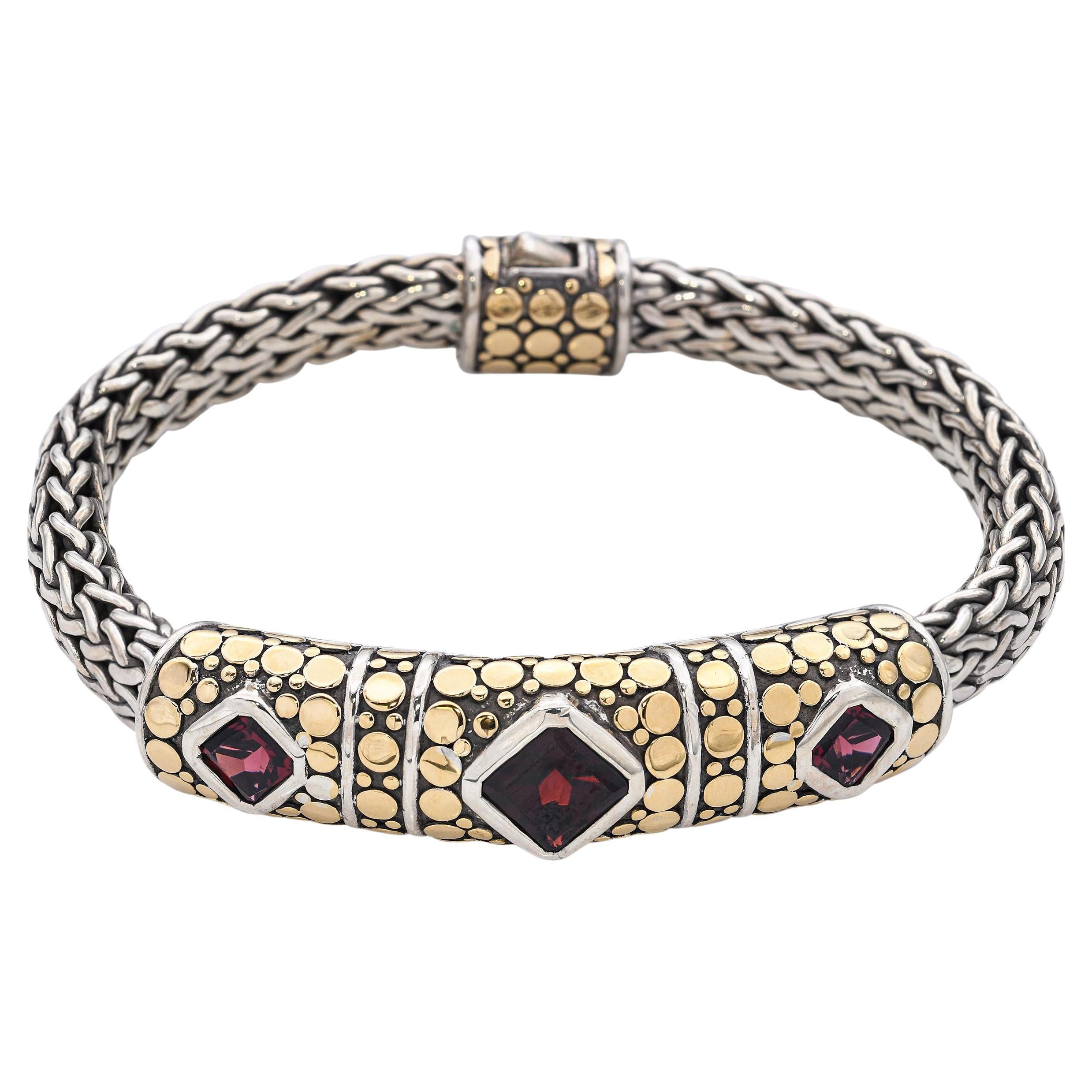 I John Hardy Bracelet Station en argent 18k et en argent sterling, grenat Dot Kali en vente