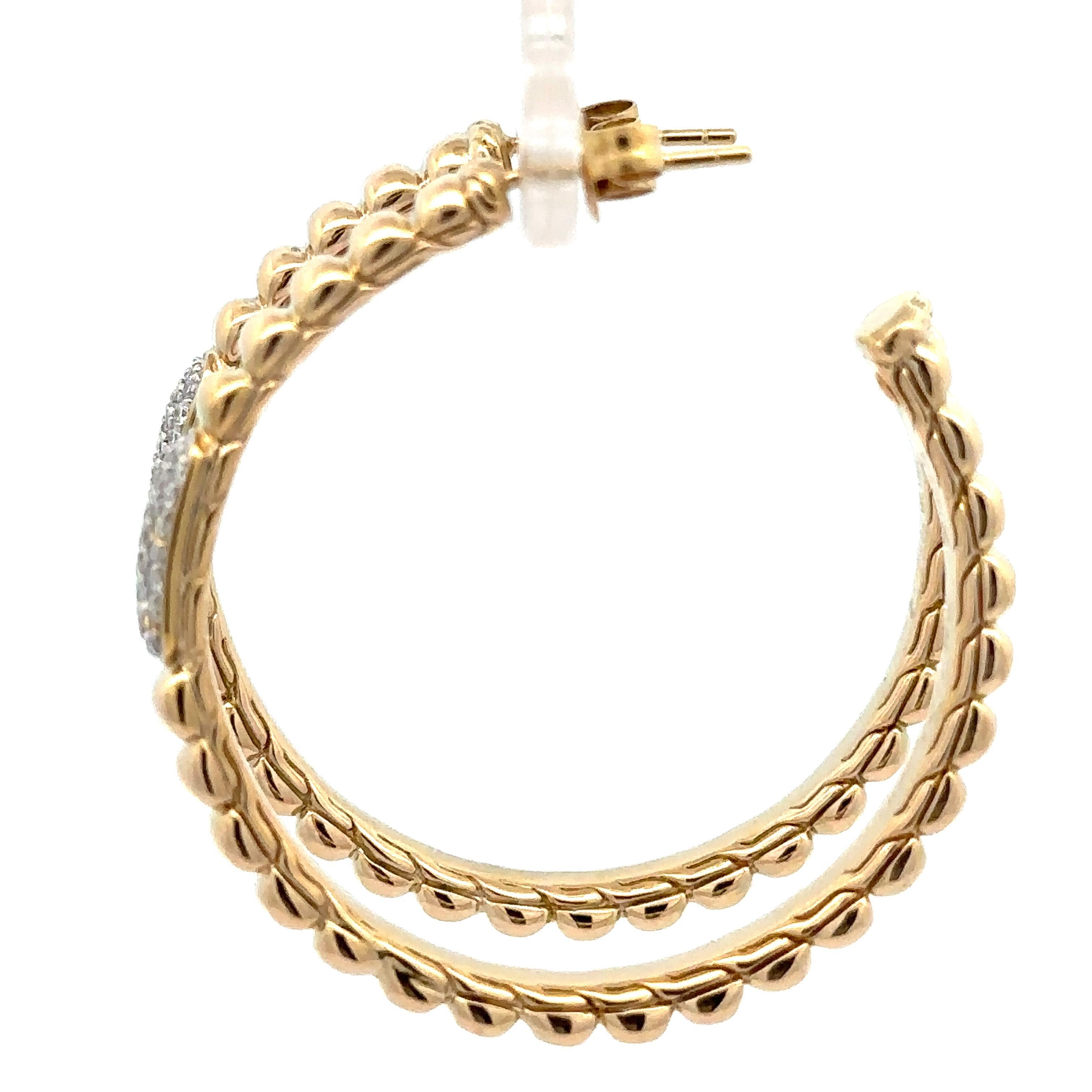 Women's John Hardy 18k Gold 0.25ctw Pave Diamond Large Grooved Hoop Earrings For Sale