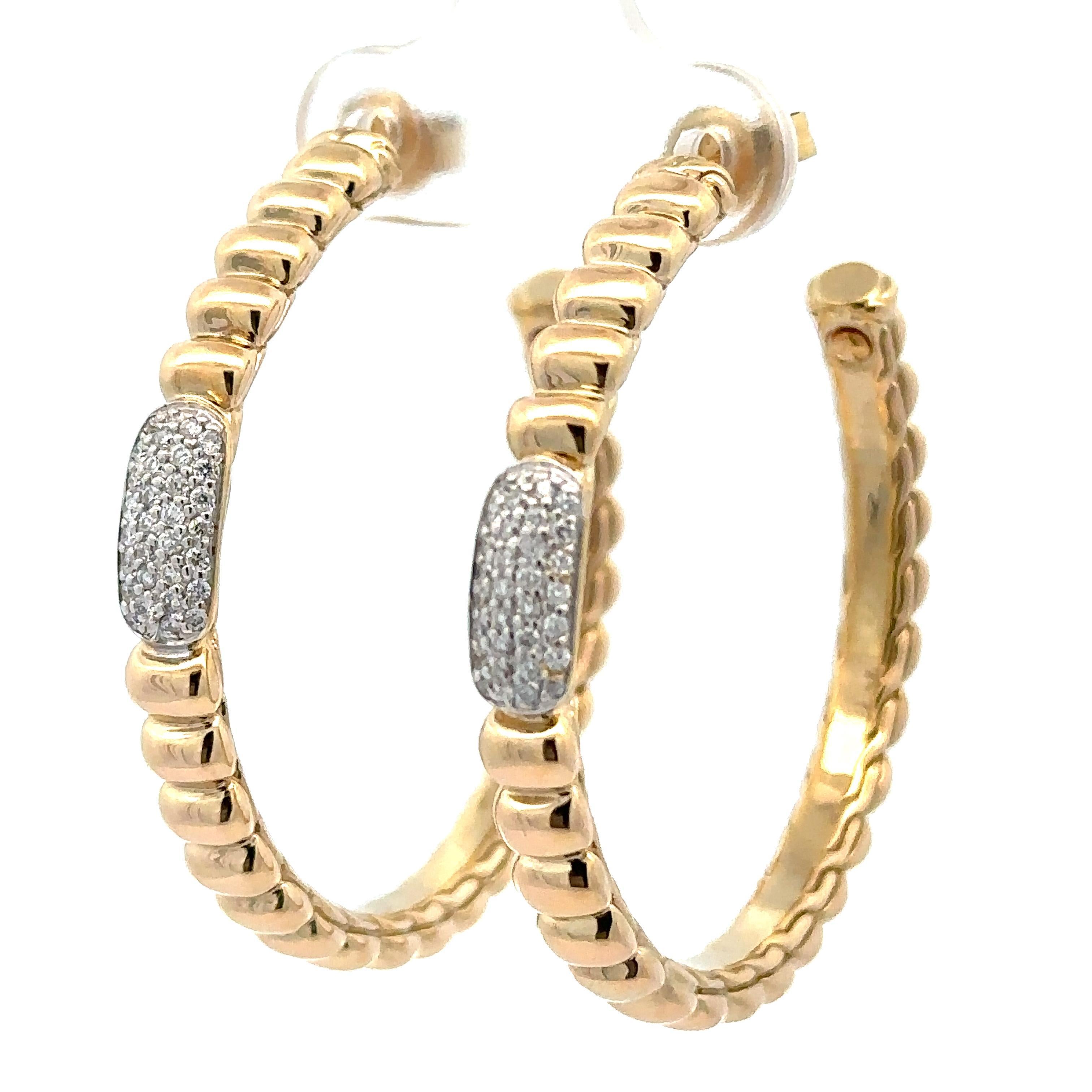 John Hardy 18k Gold 0.25ctw Pave Diamond Large Grooved Hoop Earrings For Sale 1