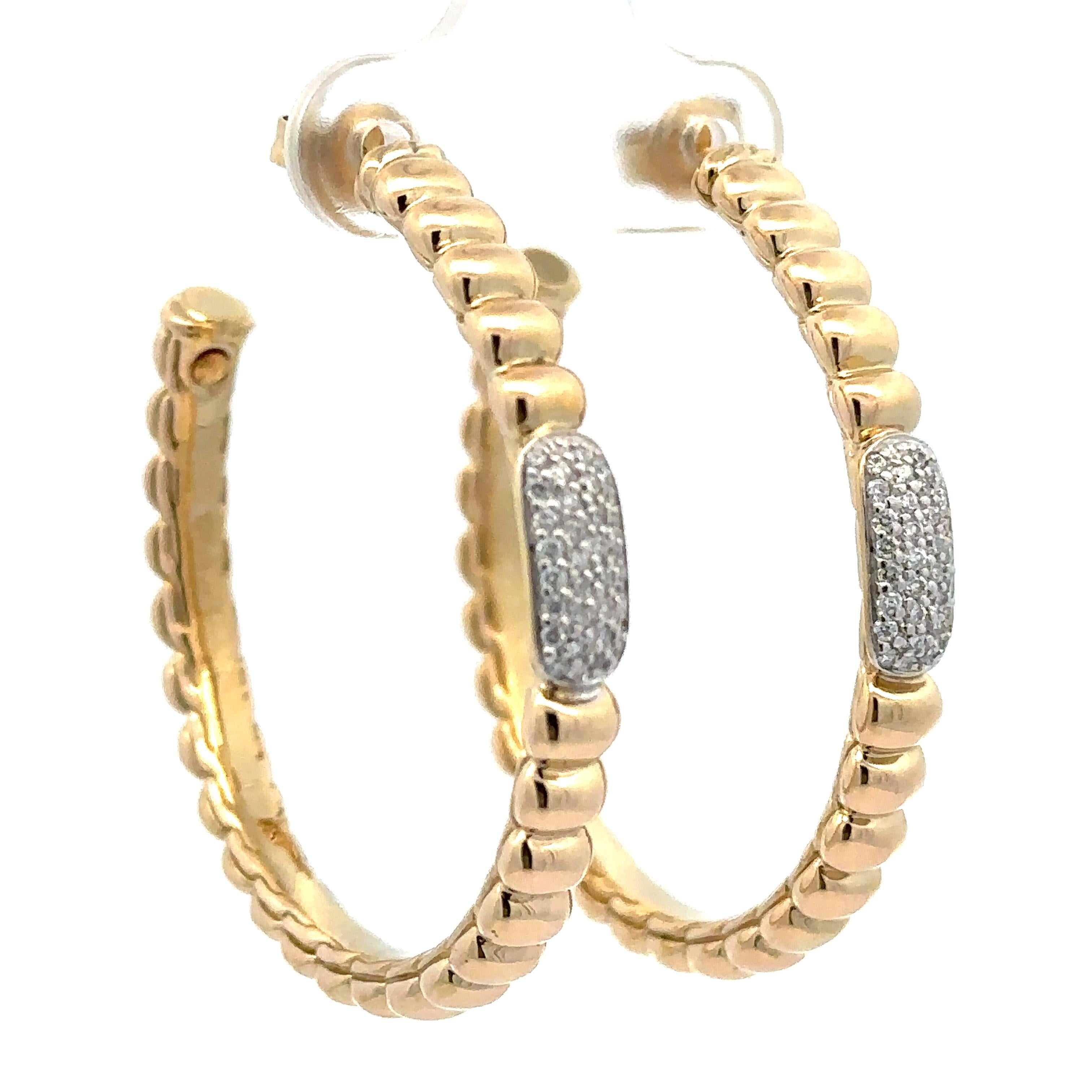 John Hardy 18k Gold 0.25ctw Pave Diamond Large Grooved Hoop Earrings For Sale 2