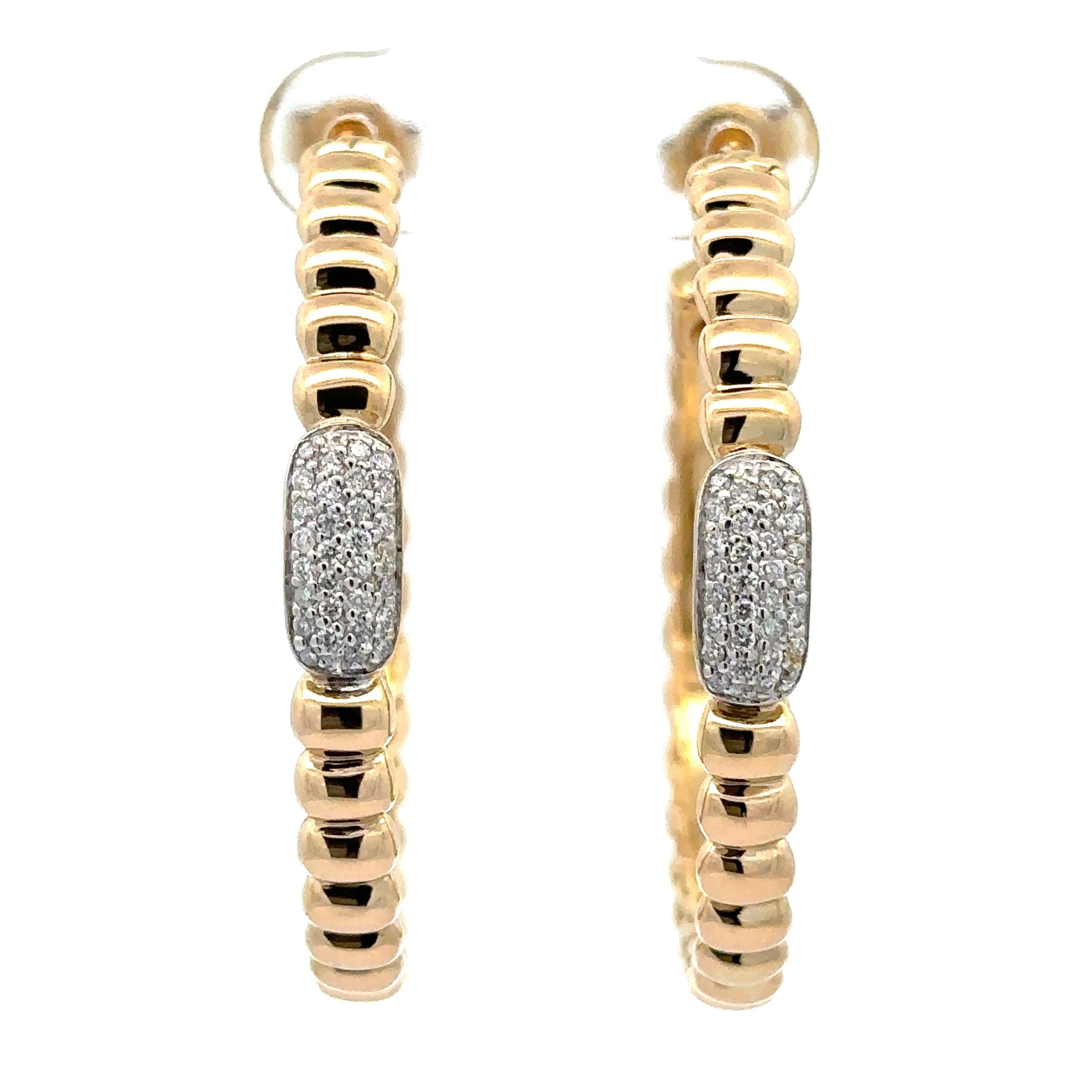 John Hardy 18k Gold 0.25ctw Pave Diamond Large Grooved Hoop Earrings For Sale 3