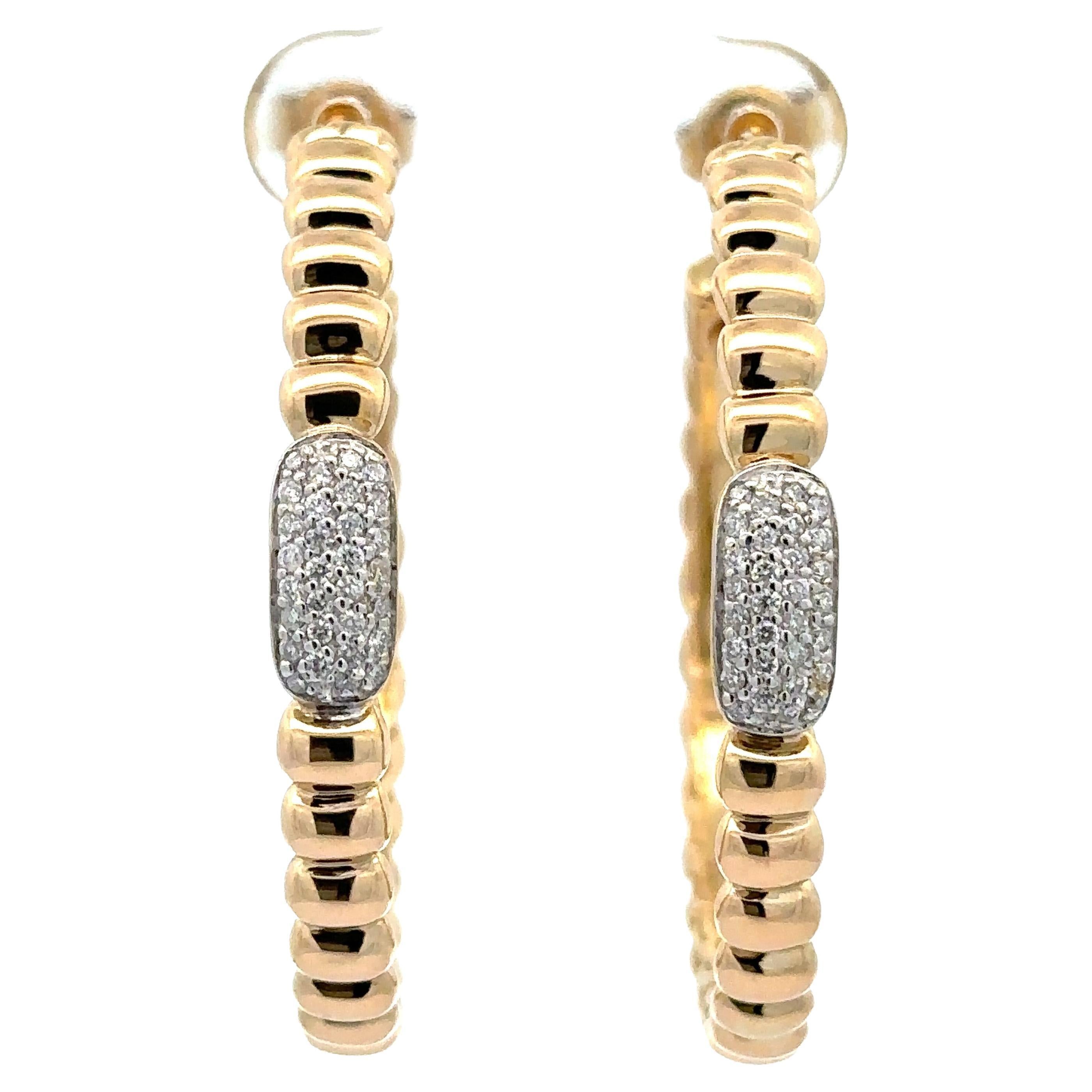 John Hardy 18k Gold 0.25ctw Pave Diamond Large Grooved Hoop Earrings For Sale