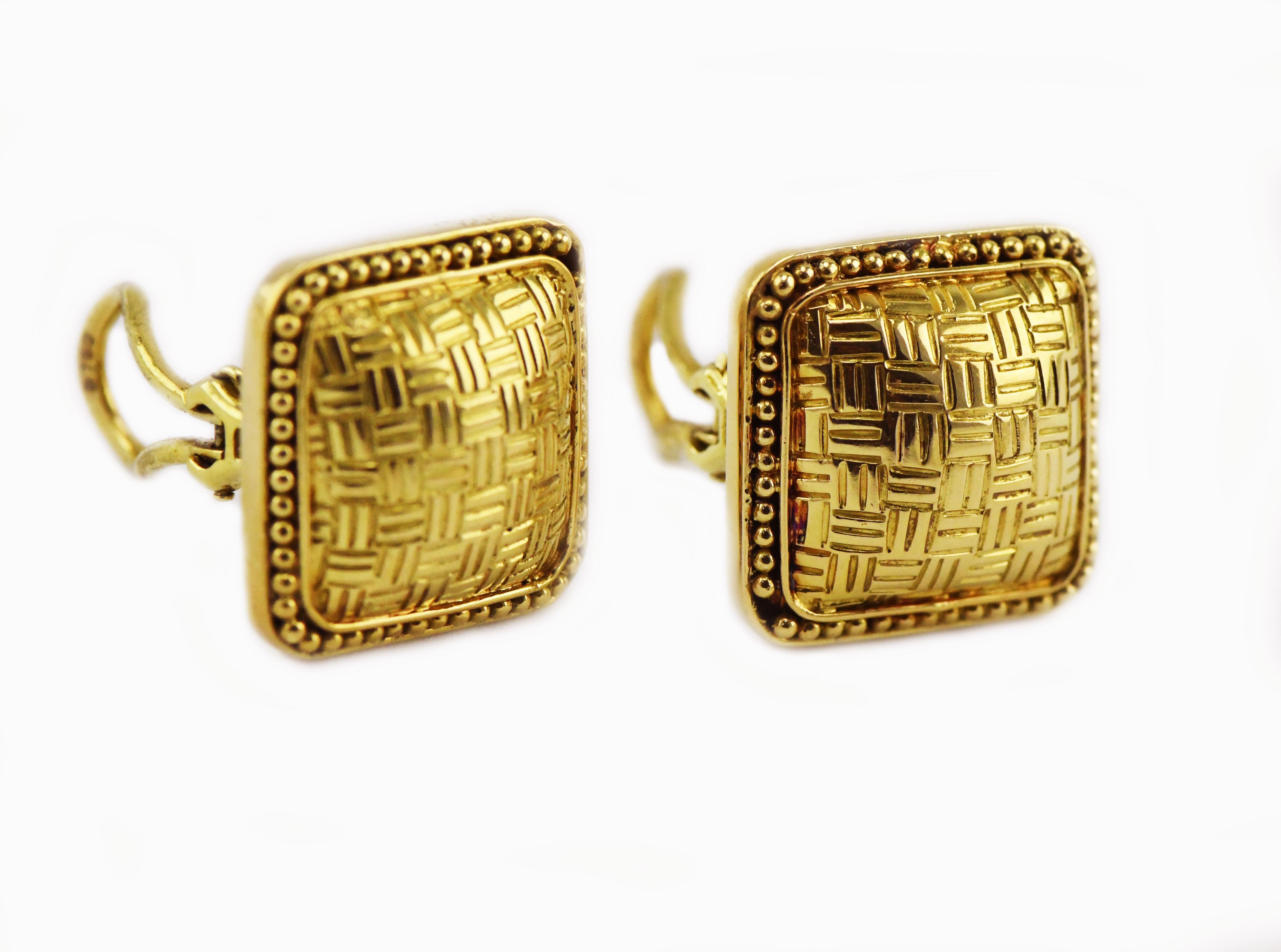 John Hardy 18k Square Basket Weave Clip-On Earrings with Omega Backs  In Good Condition For Sale In Overland Park, KS
