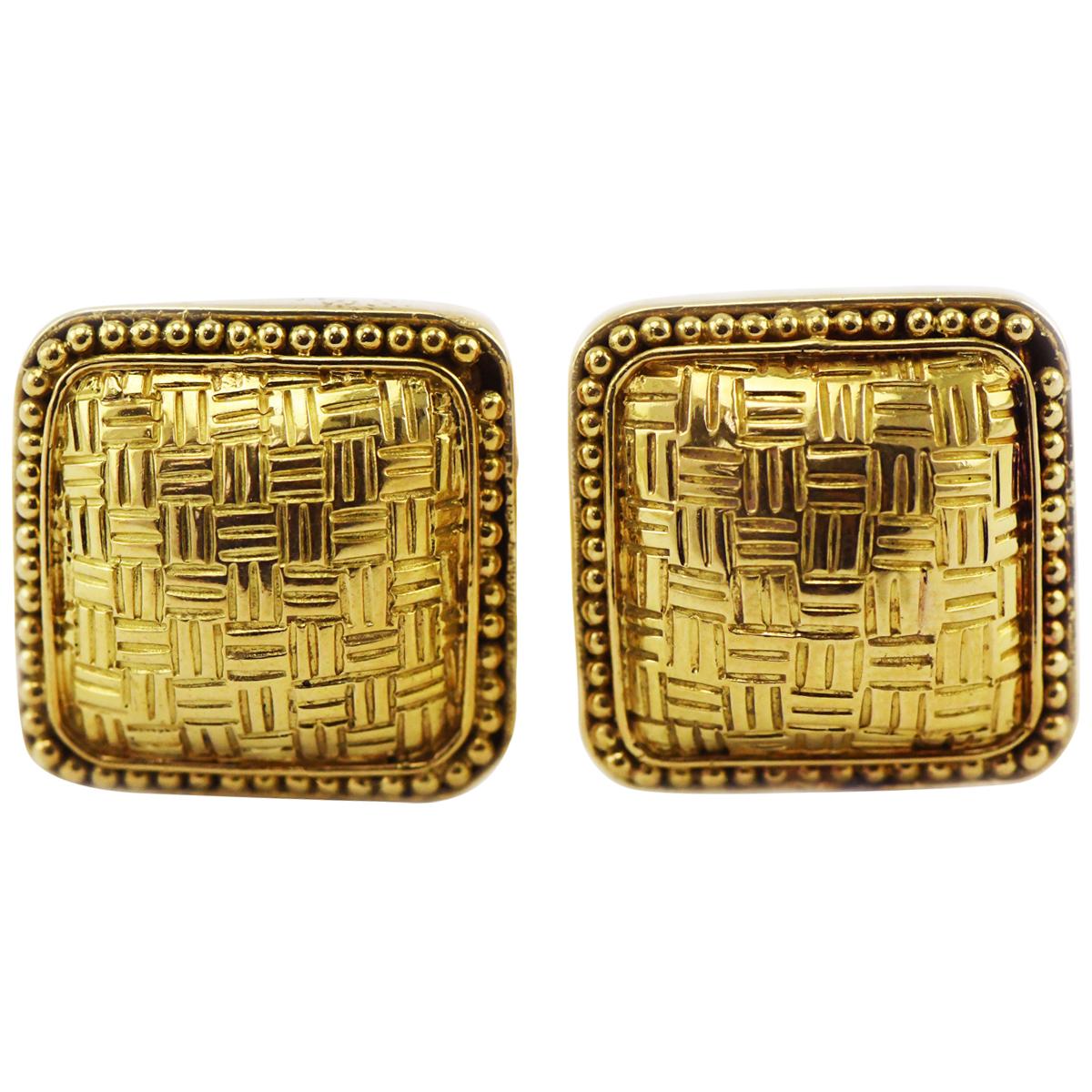 John Hardy 18k Square Basket Weave Clip-On Earrings with Omega Backs  For Sale