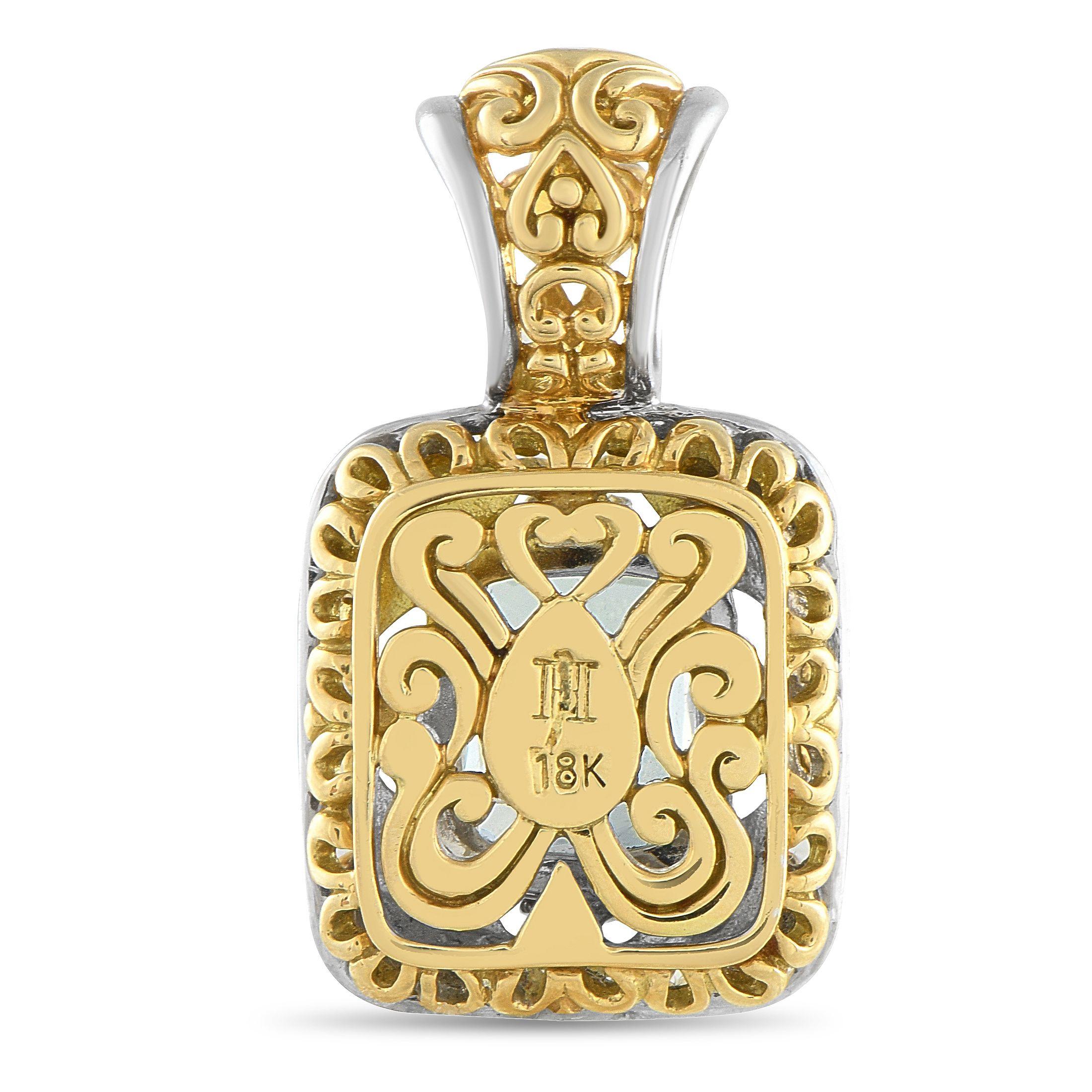 This John Hardy Pendant is simply unforgettable. Intricate 18K Yellow Gold metalwork is elevated by carefully placed 18K White Gold accents. At the center, a breathtaking 4.0 carat Aquamarine gemstone adds a subtle pop of color. It measures 1.38