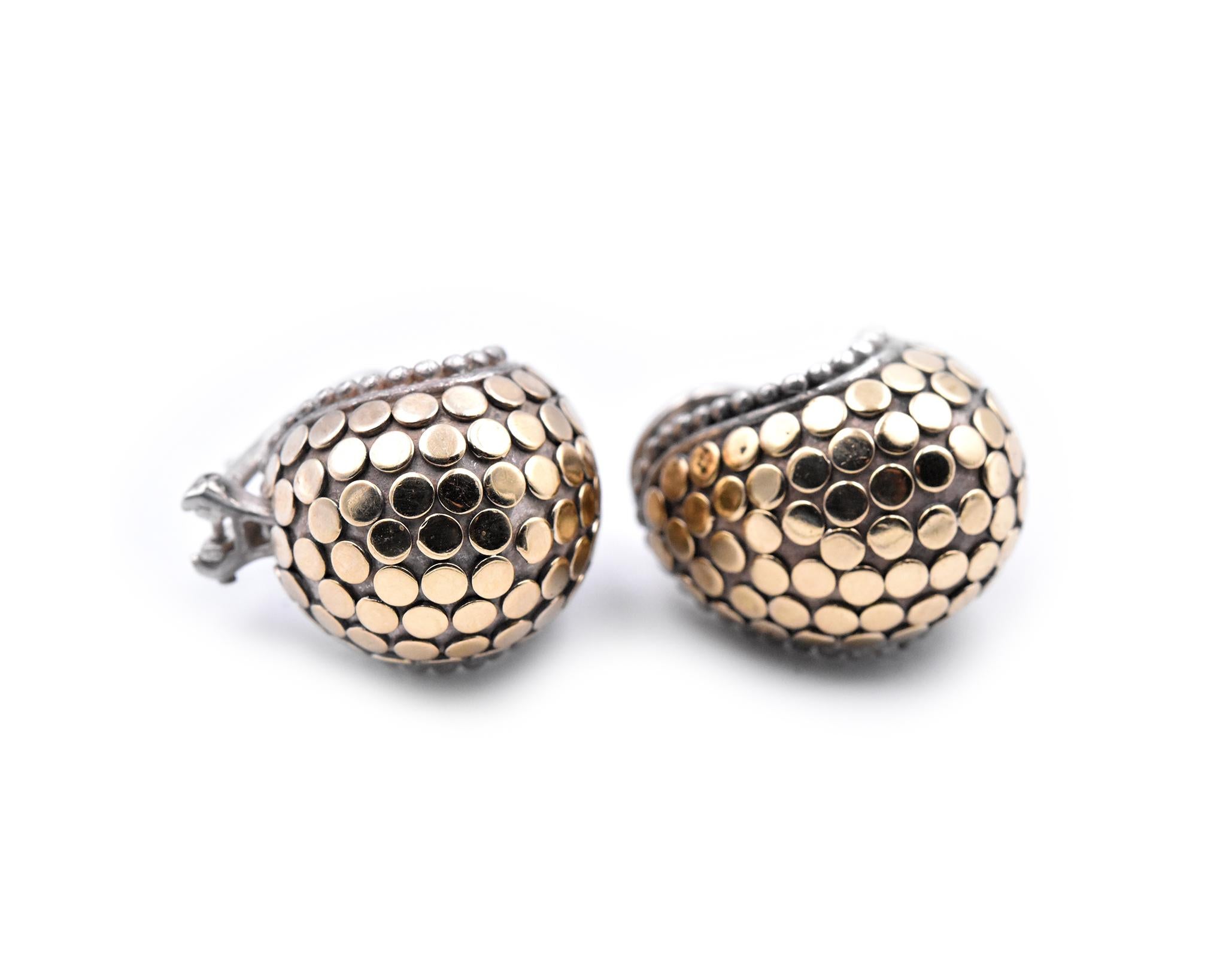 Designer: John Hardy
Material: sterling silver and 18k yellow gold
Dimensions: earrings measure 14.13mm in diameter
Fastenings: post with omega back
Weight: 16.91 grams
