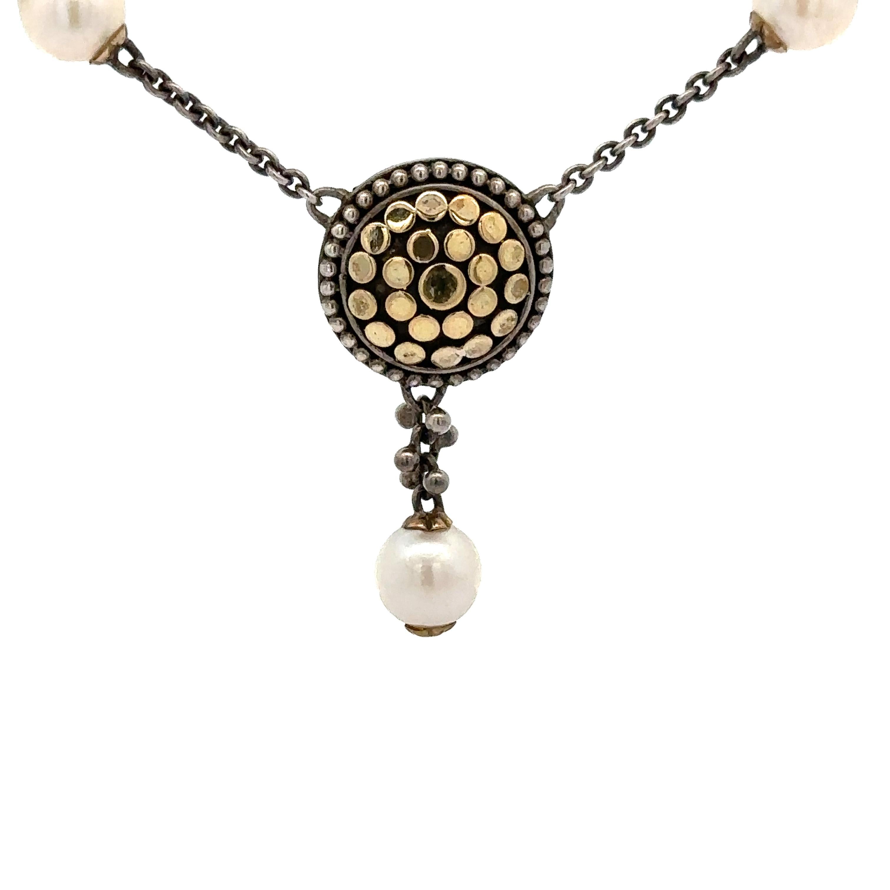 Round Cut John Hardy 18k Yellow Gold Sterling Silver Pearl Drop Dot Necklace Toggle Clasp