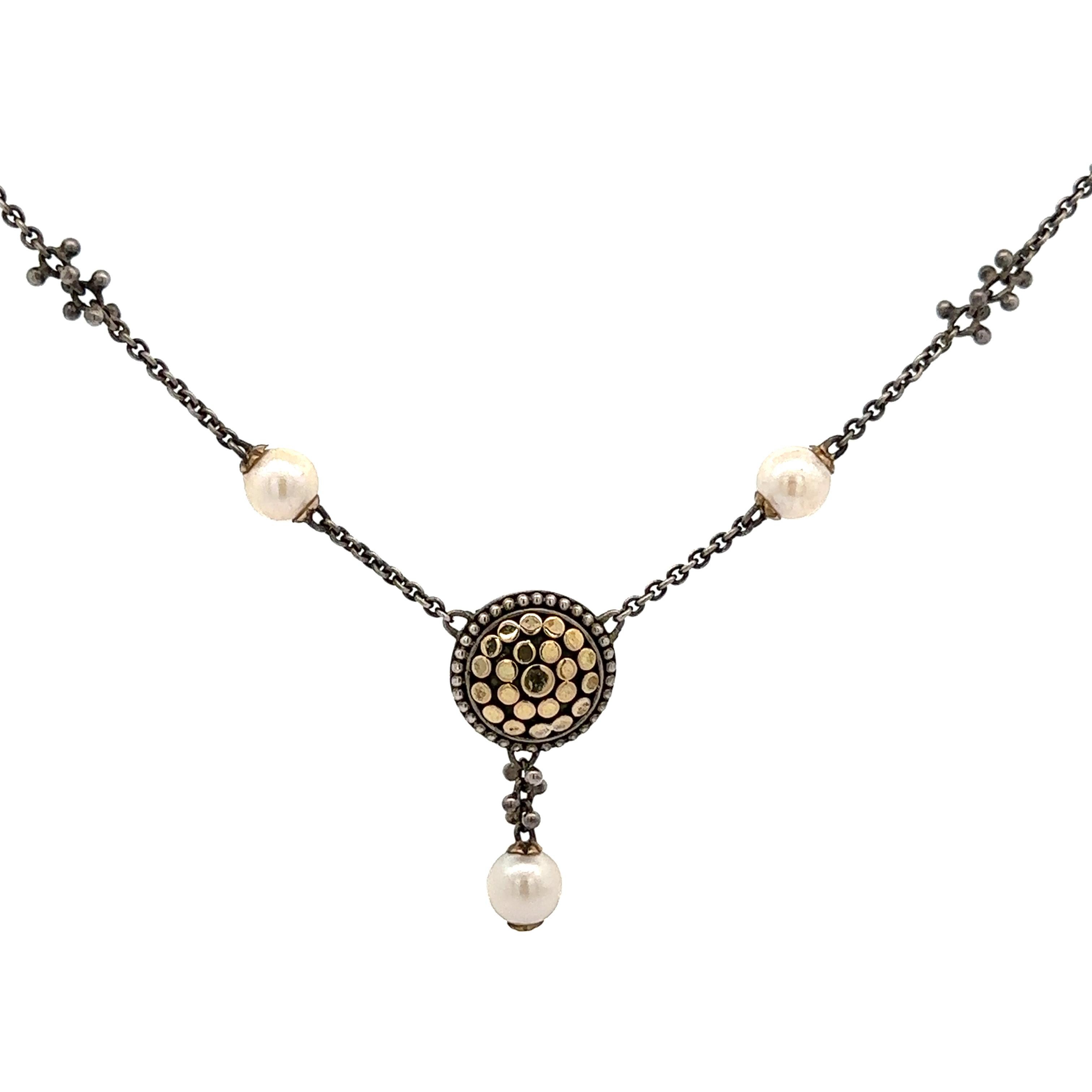John Hardy 18k Yellow Gold Sterling Silver Pearl Drop Dot Necklace Toggle Clasp In Excellent Condition In Montclair, NJ