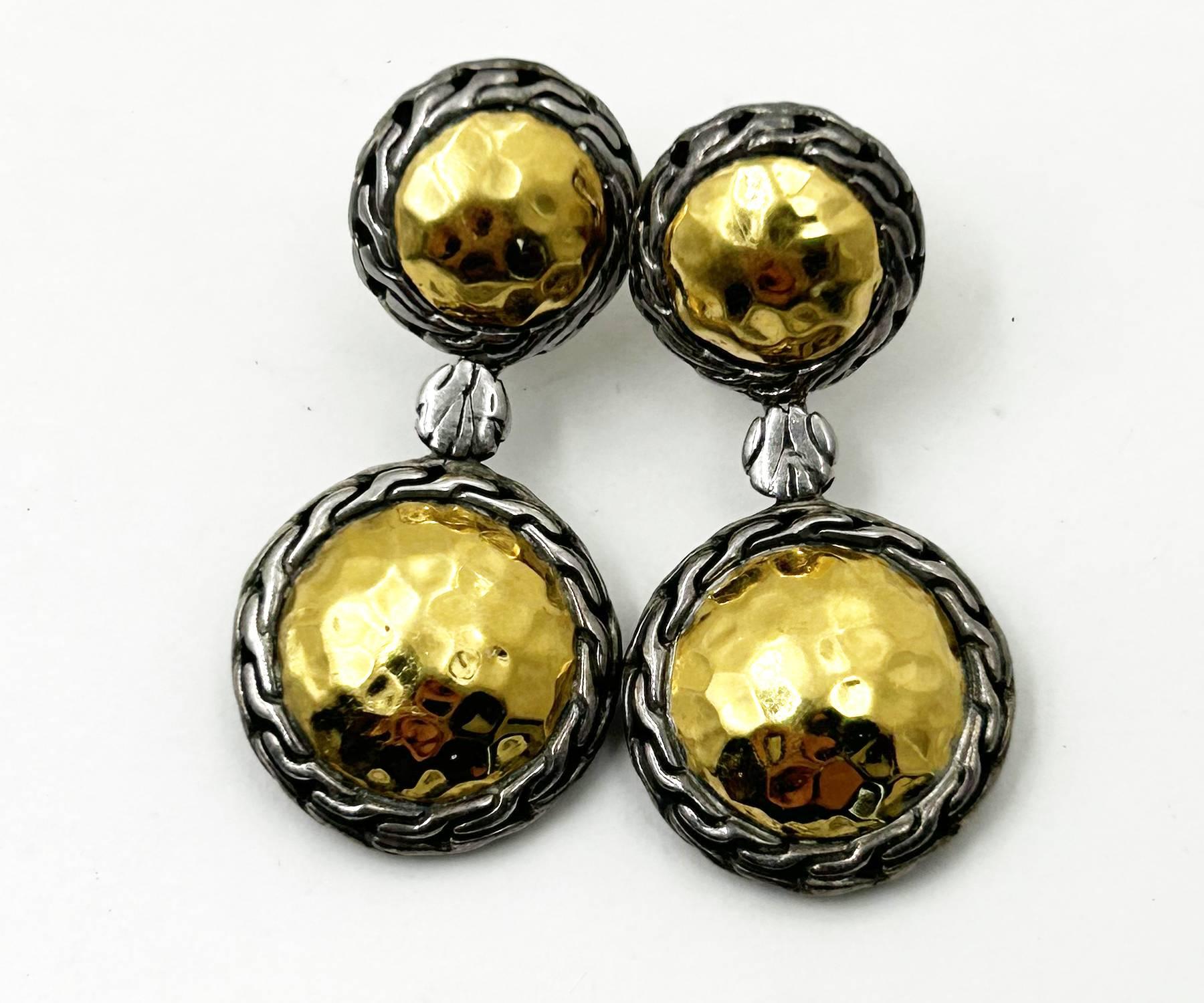 John Hardy 22K Gold 925 Silver Palu Collection Round Dangle Piercing Earrings (boucles d'oreilles pendantes) Excellent état - En vente à Pasadena, CA