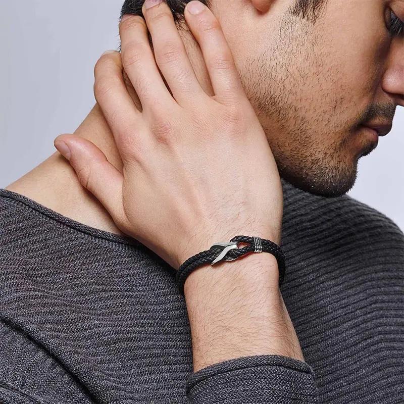 Bracciale da uomo A Link Silver su cordoncino in pelle nera da 4 mm con chiusura a pressione, taglia Large