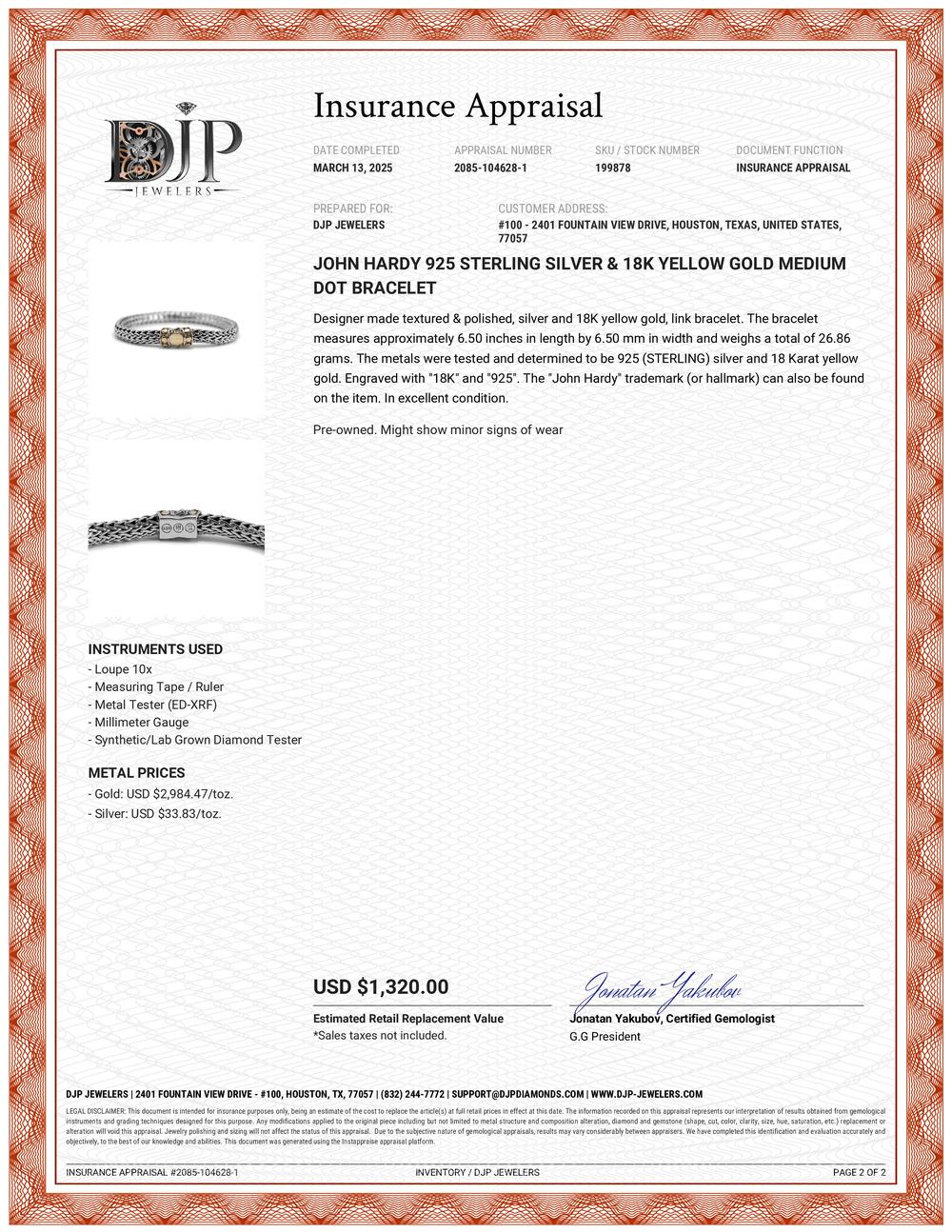 John Hardy 925 Sterling Silver & 18K Yellow Gold Medium Dot Bracelet For Sale 2