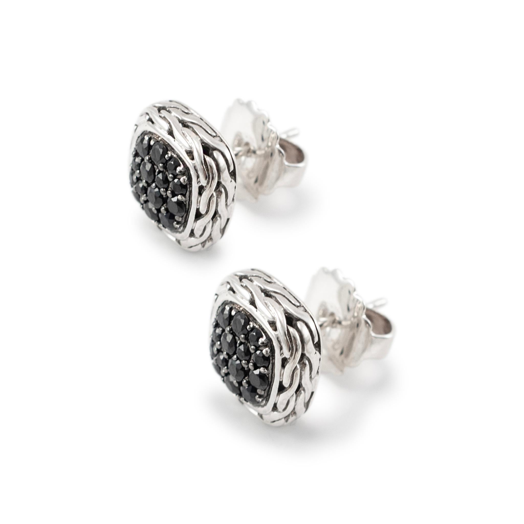 John Hardy 925 Sterlingsilber Pave Schwarzer Saphir geschnitzte Kette Ohrstecker (Rundschliff)