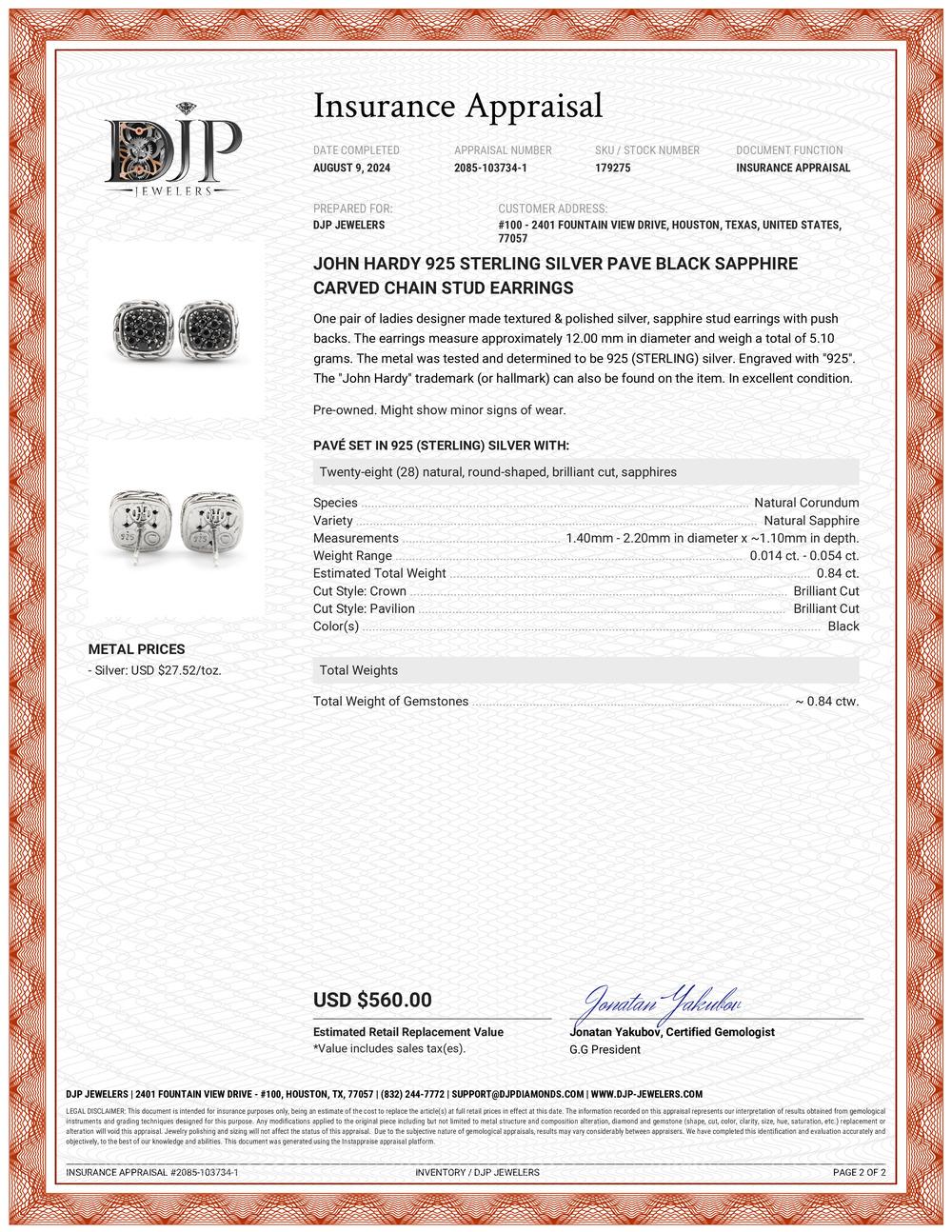 John Hardy 925 Sterlingsilber Pave Schwarzer Saphir geschnitzte Kette Ohrstecker 3
