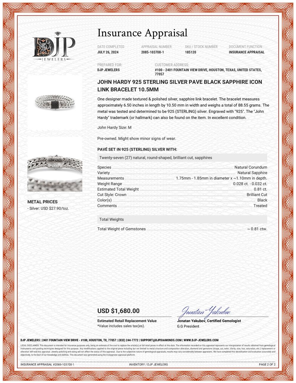 John Hardy 925 Sterling Silver Pave Black Sapphire Icon Link Bracelet 10.5mm For Sale 2