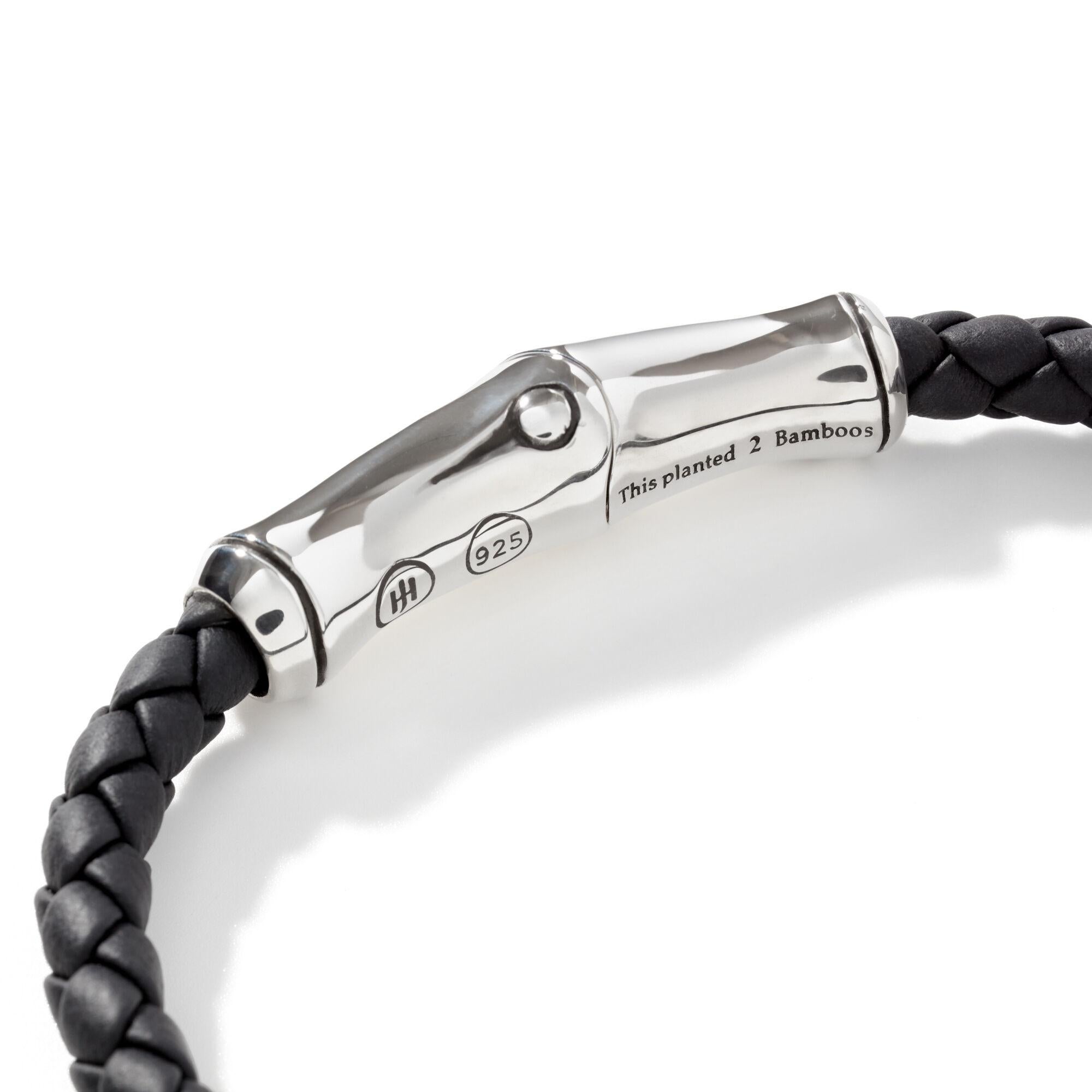 MEN's Bamboo Silver Bracelet on 5mm Black Braided Leather with Magnetic Clasp, Size Medium

