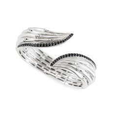 John Hardy Bamboo 925 Silver 1.40ctw Black Sapphires Flex Cuff Bangle Bracelet