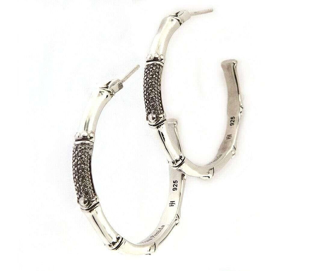 Round Cut John Hardy Bamboo Diamond Pave Hoop Earrings in Sterling Silver For Sale