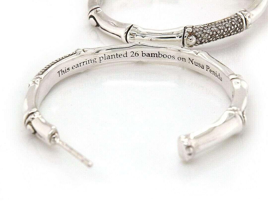 John Hardy Bamboo Diamond Pave Hoop Earrings in Sterling Silver In Excellent Condition For Sale In Vienna, VA