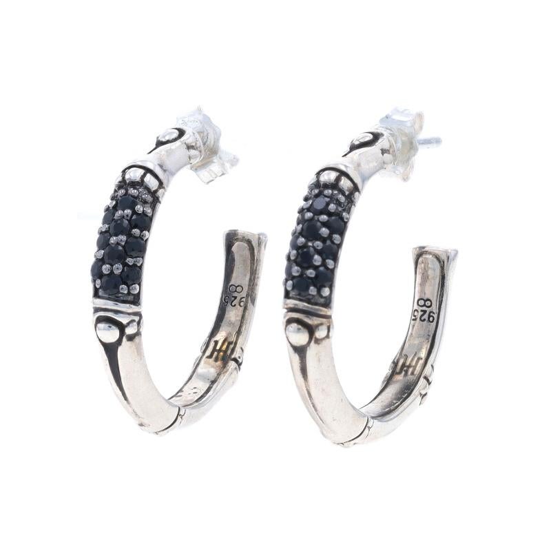 Retail Price: $450

Brand: John Hardy
Collection: Bamboo
Design:  Medium Hoop

Metal Content: Sterling Silver

Stone Information
Natural Sapphires
Treatment: Heating
Cut: Round
Color: Black

Style: Half-Hoop
Fastening Type: Butterfly
