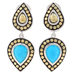 John Hardy Batu Dot Double Drop Turquoise Earrings -Sterling 925 Yellow Gold 18k