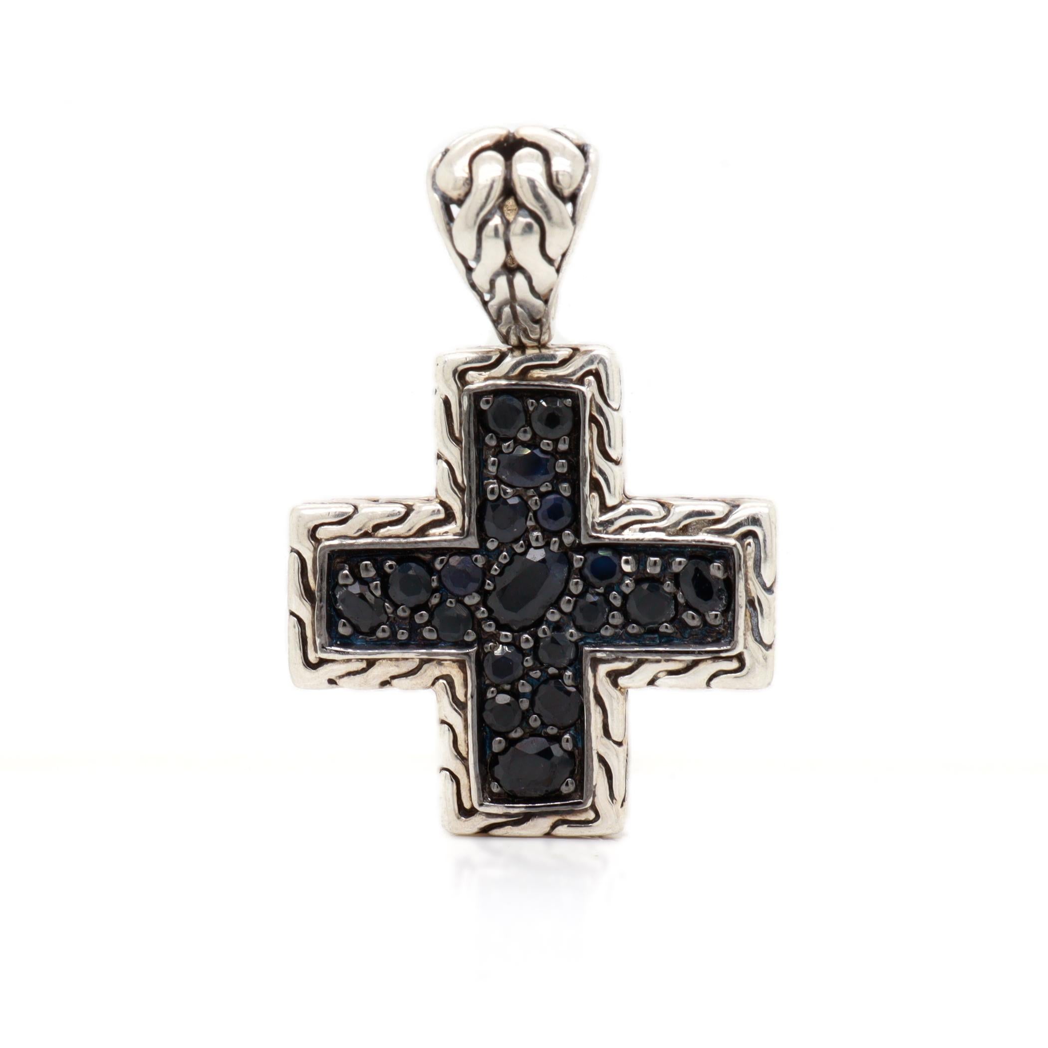 Oval Cut John Hardy Black Sapphire Cable Pattern Silver Cross Pendant For Sale