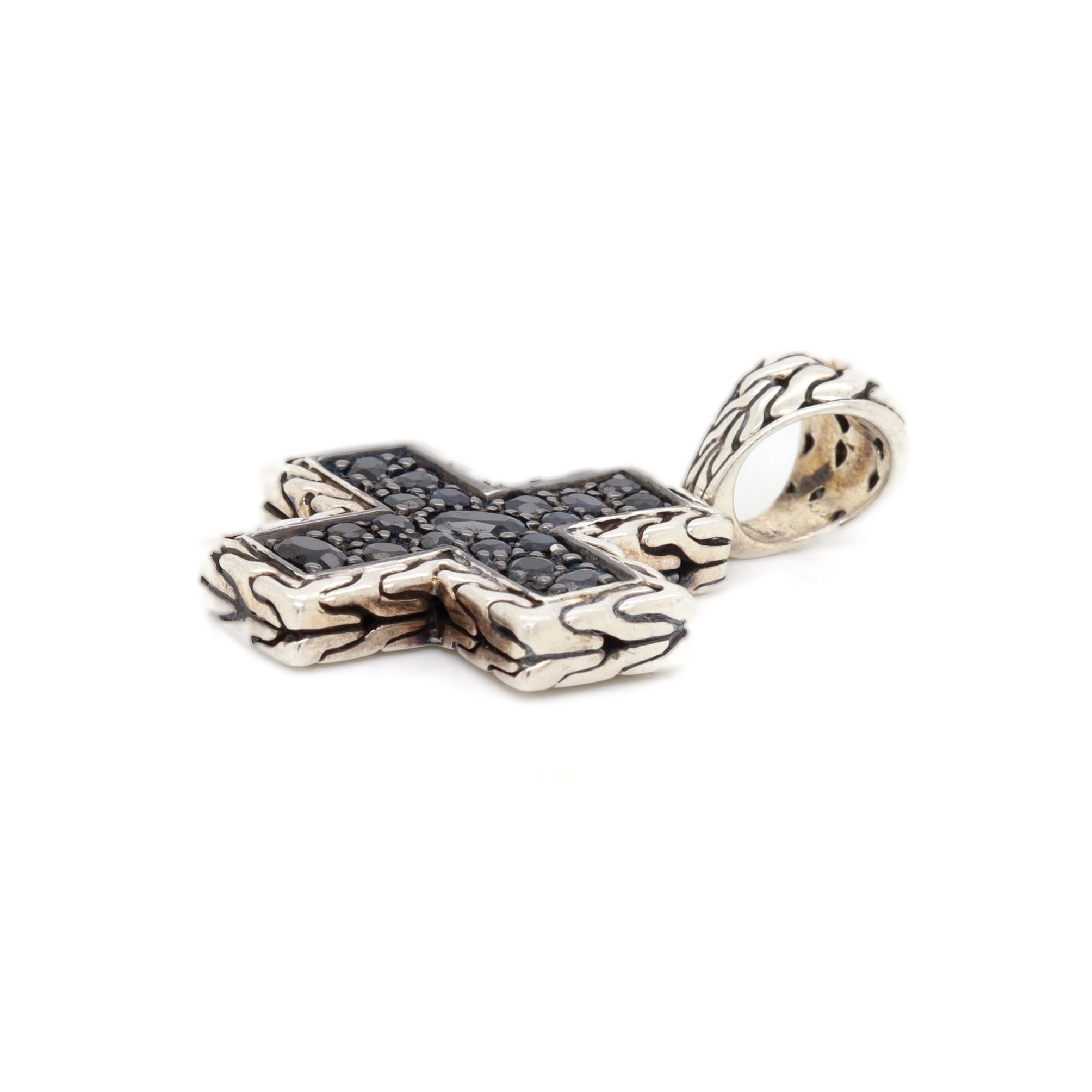 Women's or Men's John Hardy Black Sapphire Cable Pattern Silver Cross Pendant For Sale