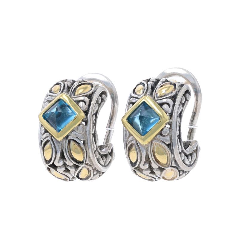 Cabochon John Hardy Blue Topaz Half-Hoop Earrings Sterling 925 Yellow Gold 18k Pierced For Sale