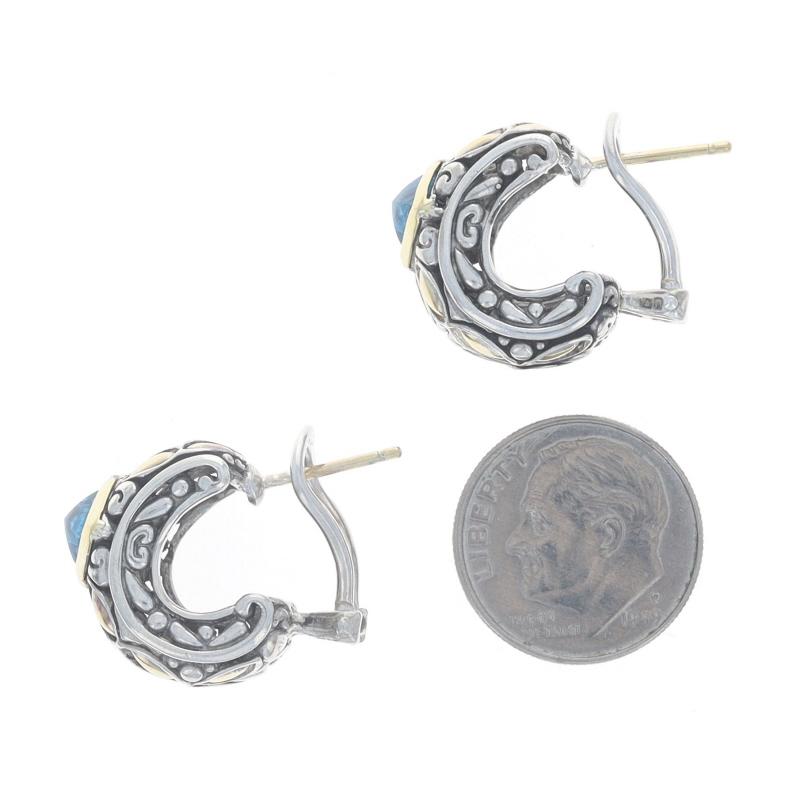 John Hardy Blue Topaz Half-Hoop Earrings Sterling 925 Yellow Gold 18k Pierced In Excellent Condition For Sale In Greensboro, NC