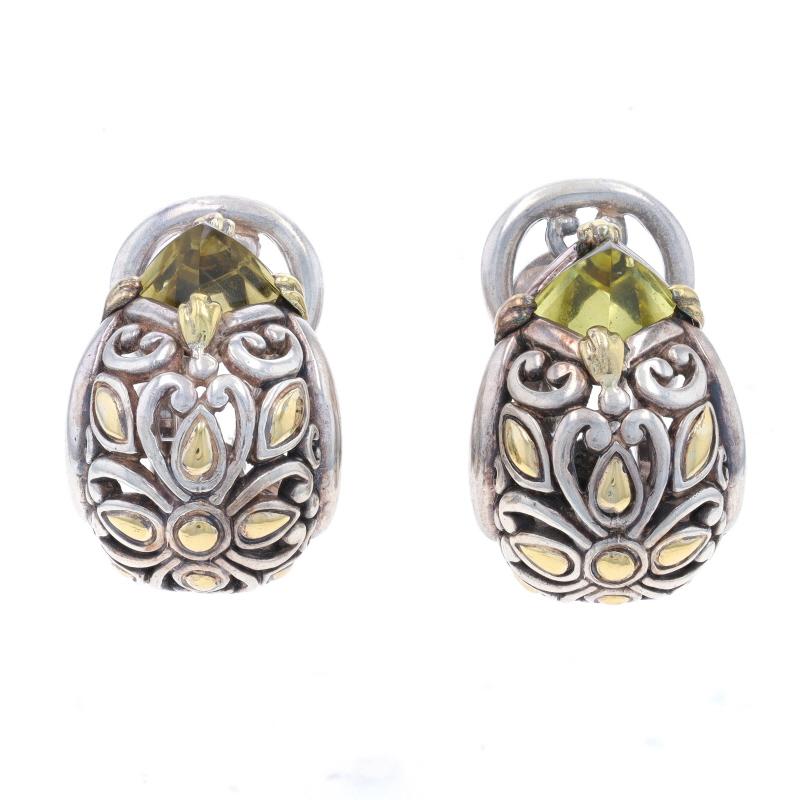 Brand: John Hardy
Design:  Buddha Belly

Metal Content: Sterling Silver & 18k Yellow Gold

Stone Information

Natural Peridot
Color: Green

Style: J-Hoop
Fastening Type: Omega Closures

Measurements

Tall: 29/32