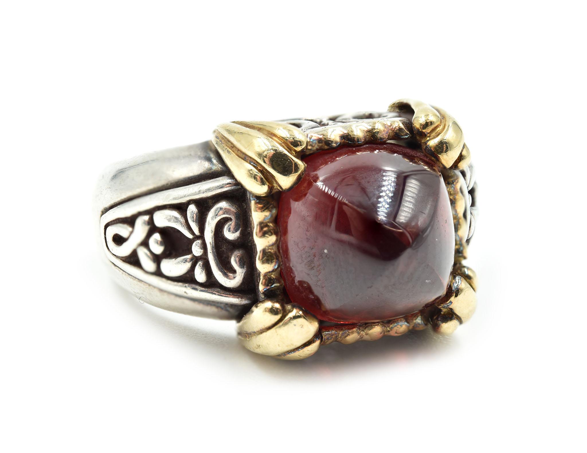 John Hardy Cabochon Garnet Sterling Silver and 18 Karat Yellow Gold Ring In New Condition In Scottsdale, AZ