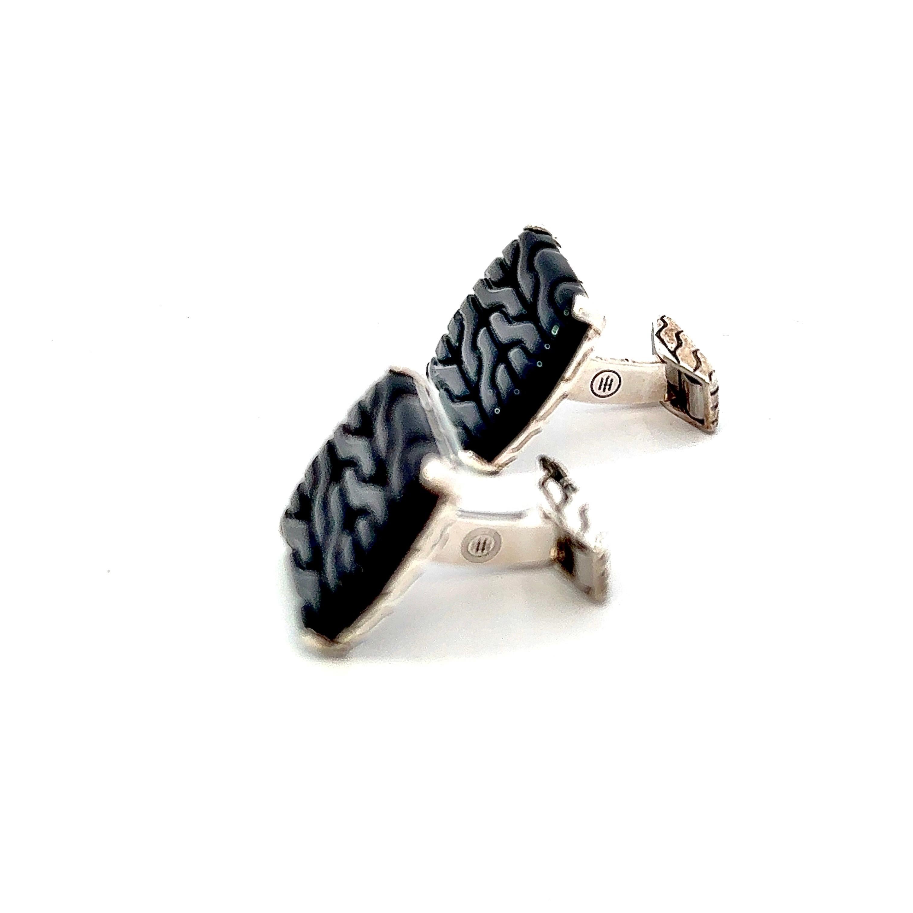 John Hardy Onyx Manschettenknöpfe Sterling Silver Estate geschnitzt im Angebot 5