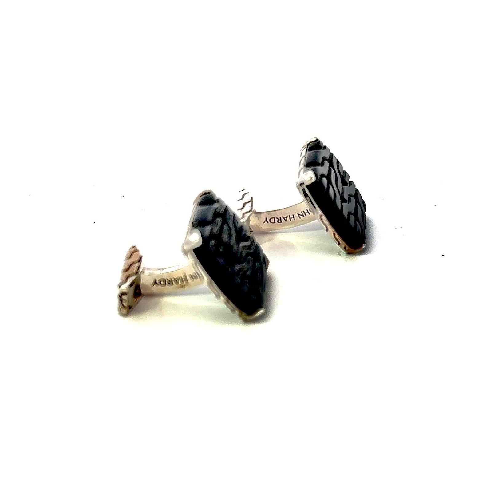 John Hardy Onyx Manschettenknöpfe Sterling Silver Estate geschnitzt im Angebot 2
