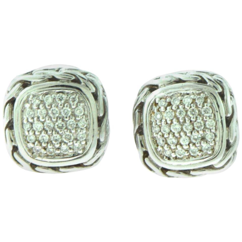 John Hardy Chain Silver and Gold Diamond Square Earrings For Sale