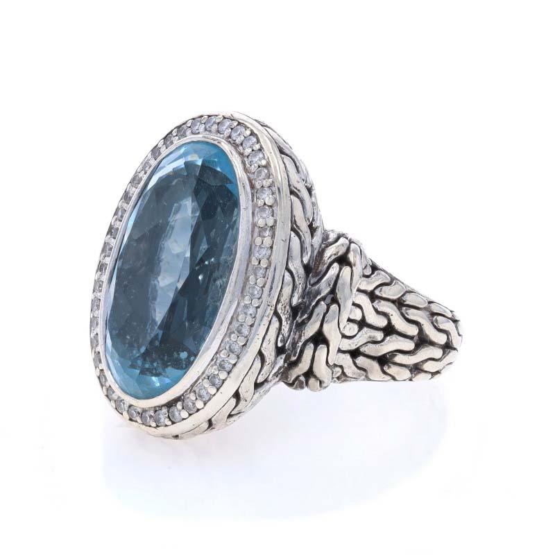 John Hardy Classic Chain Blue Topaz Diamond Halo Ring - Sterling 925 Oval .40ctw In Excellent Condition In Greensboro, NC