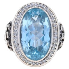 John Hardy Classic Chain Blue Topaz Diamond Halo Ring - Sterling 925 Oval .40ctw