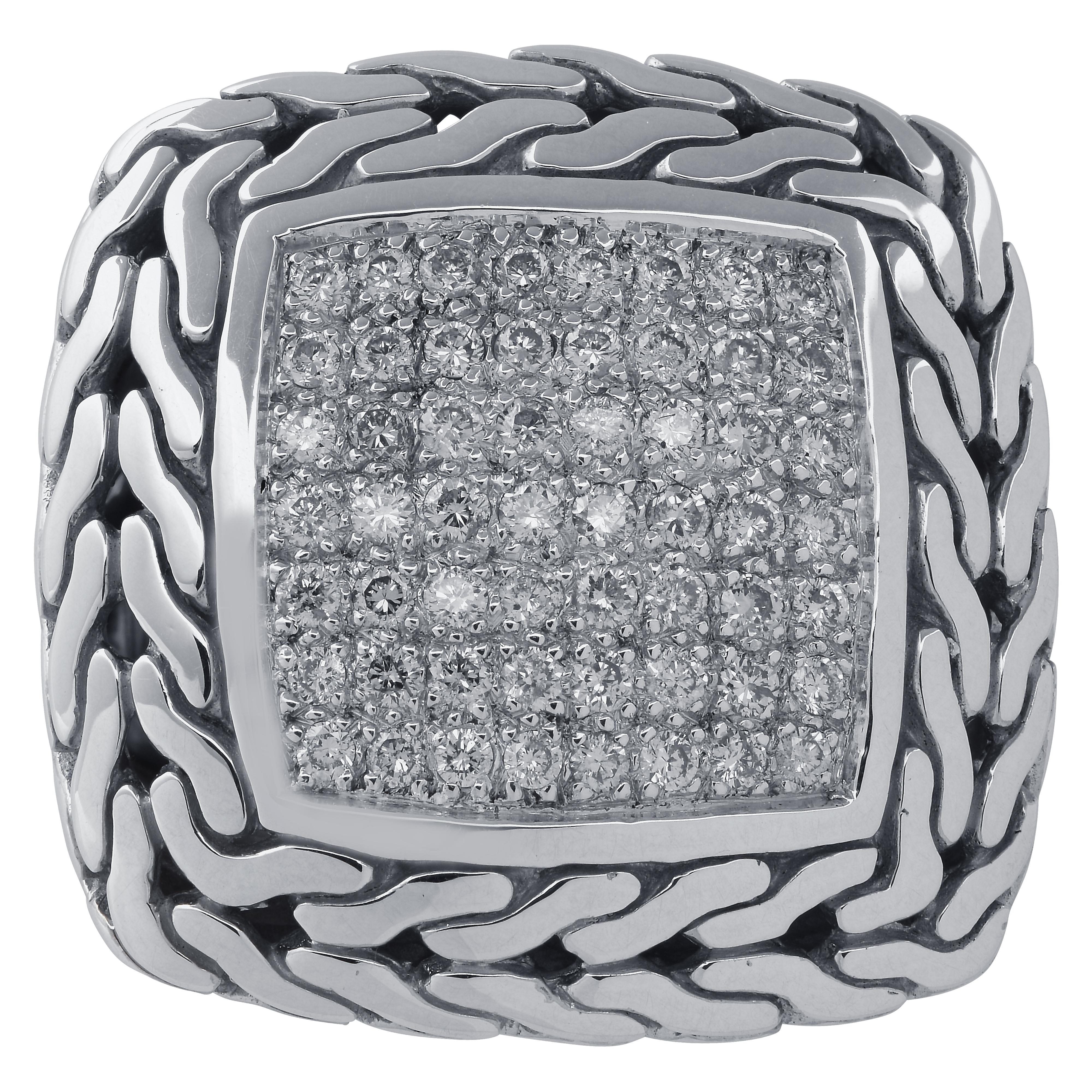 John Hardy Pave Classic Chain Ring crafted in 18k white gold and Silver featuring 56 round brilliant cut diamonds weighing approximately .56cts total G color SI clarity. 56 diamonds are pave set in a square shape, framed with a hand-carved