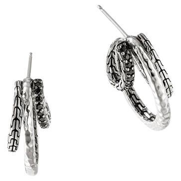 John Hardy Boucles d'oreilles classiques en argent martelé et pierres précieuses noires EBS9008634BLSBN