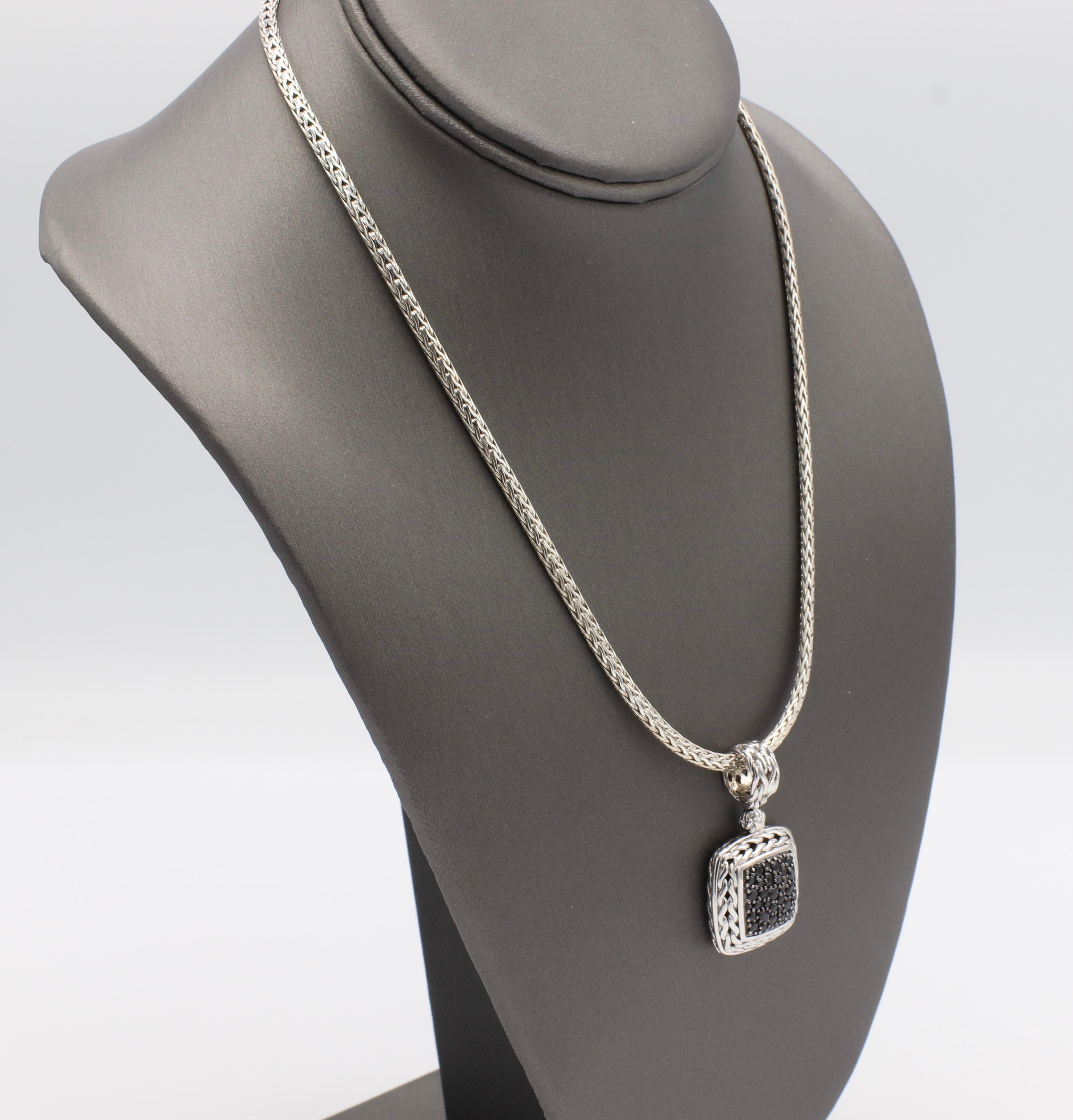 John Hardy Classic Sterling Silver Chain Lava  Square Pendant Necklace with Black Sapphires
Metal: Sterling Silver 925
Weight: 33.17 grams
Pendant is 40.5mm x 24mm
Chain length: 18 inches
Chain width: 3MM
