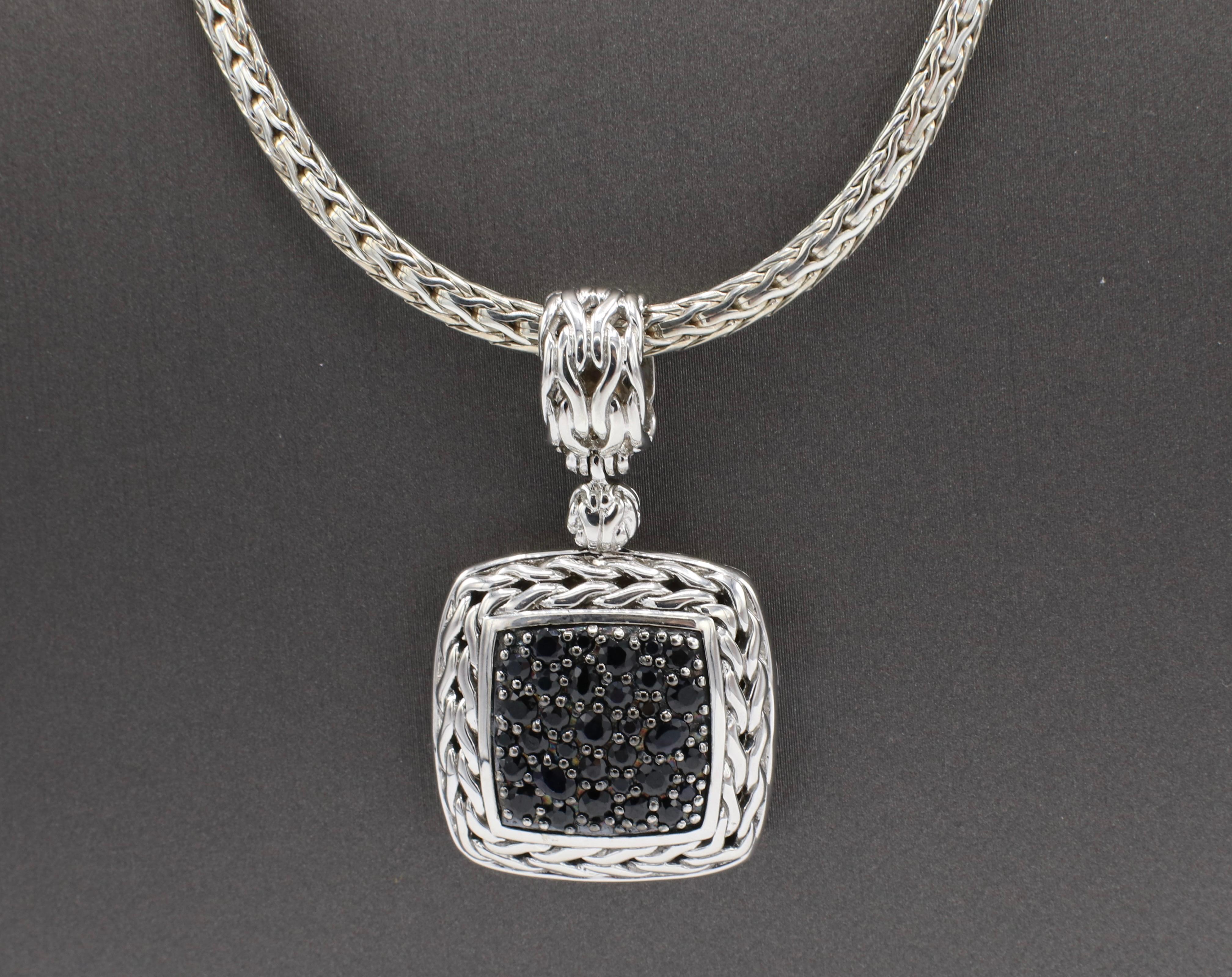 Modern John Hardy Classic Chain Lava Square Pendant Necklace with Black Sapphires