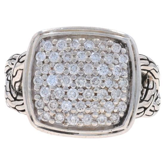 John Hardy Classic Chain Woven Cushion Pave Diamond Ring Sterling 925 Rd .66ctw