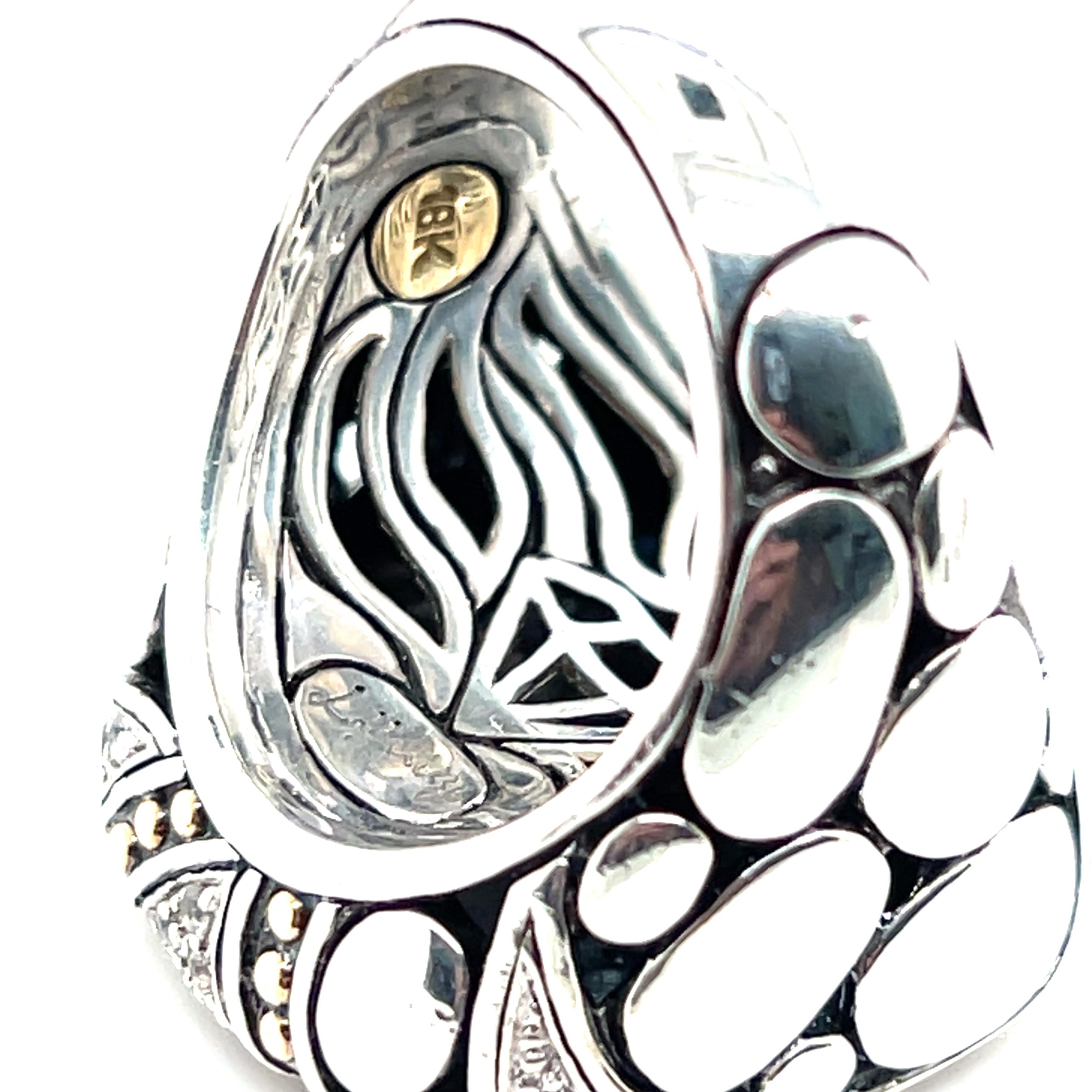 John Hardy Anello contemporaneo in argento sterling e oro giallo 18 carati con diamanti e corindone in vendita 2