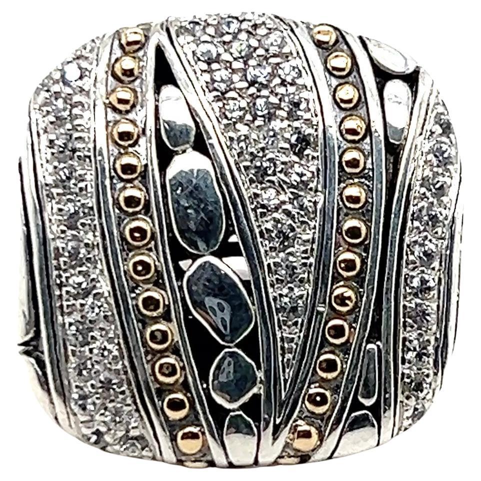 John Hardy Anello contemporaneo in argento sterling e oro giallo 18 carati con diamanti e corindone