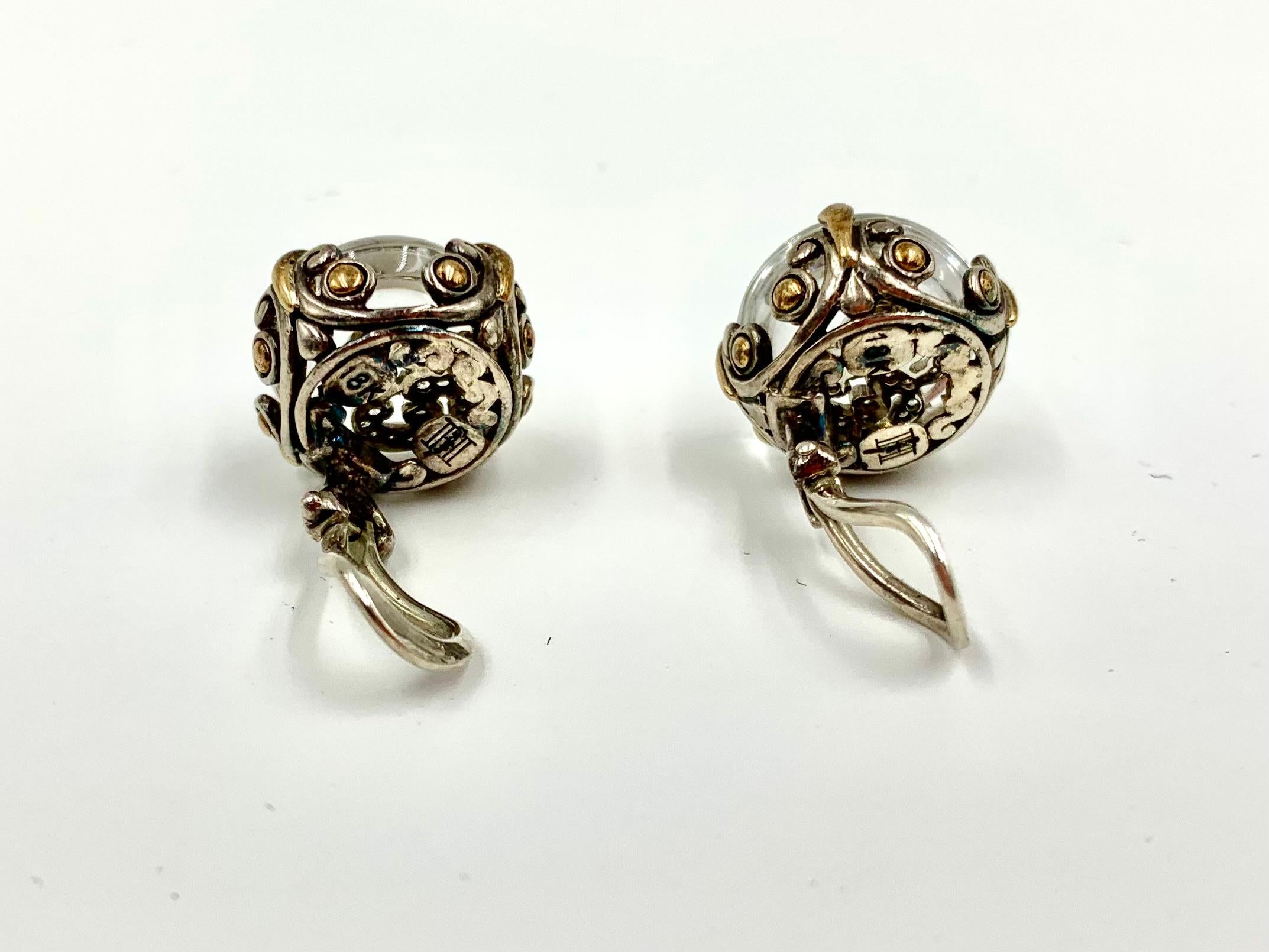 John Hardy Diamond 18K Yellow Gold Sterling Silver Cabochon Crystal Earrings In Good Condition For Sale In New York, NY