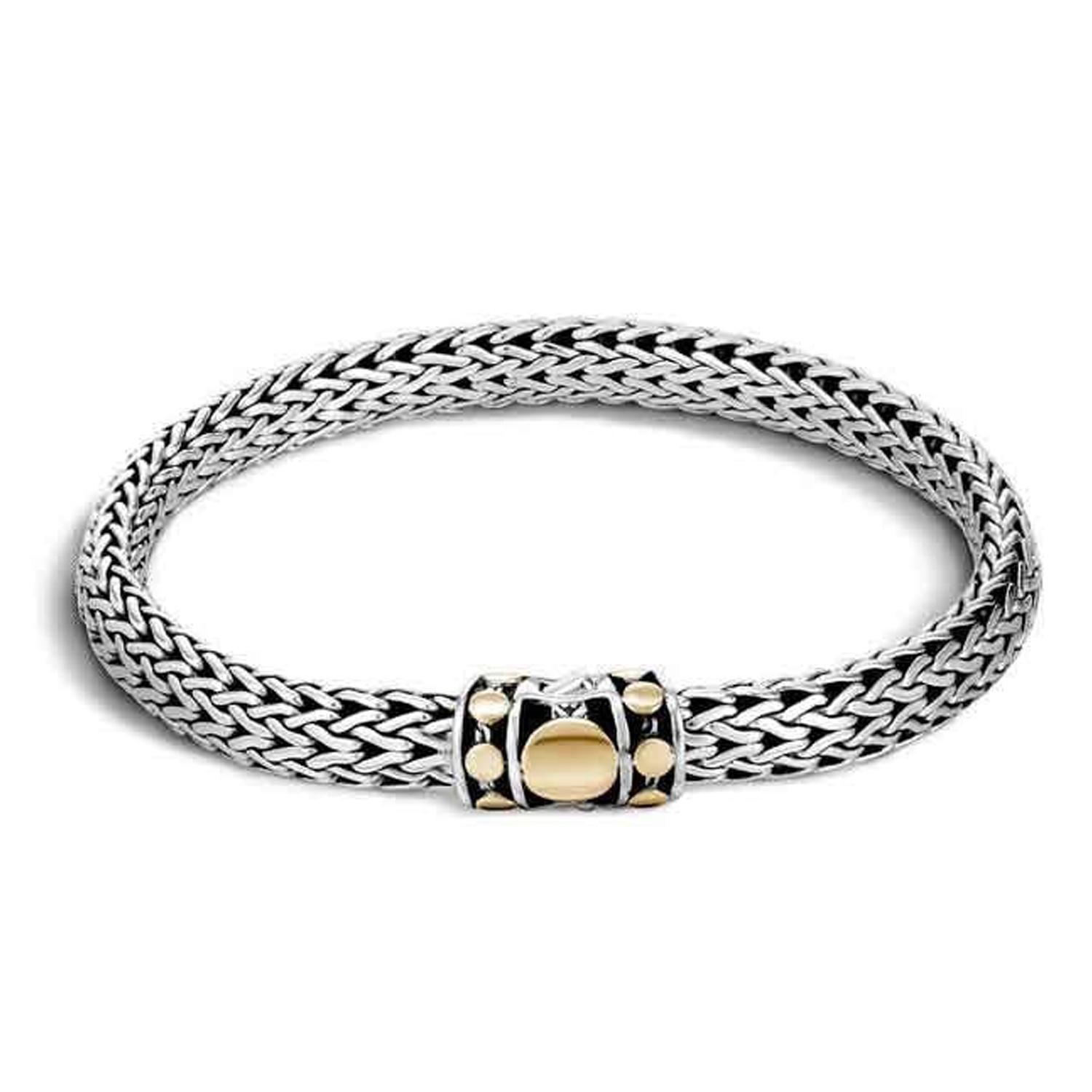 Take a trip back to the Jazz Age with this John Hardy bracelet from the designer's Dot collection! Crafted in sterling silver and 18kt yellow gold, the woven chain piece features a box-clasp closure embellished with flattened smooth balls of
